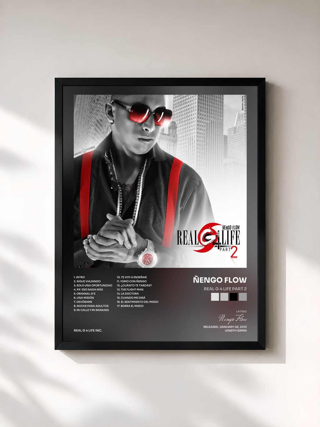 #noir Tableau de l'album Real G 4 Life Part 2 de Ñengo Flow, cadre noir, imprimé et encadré en France