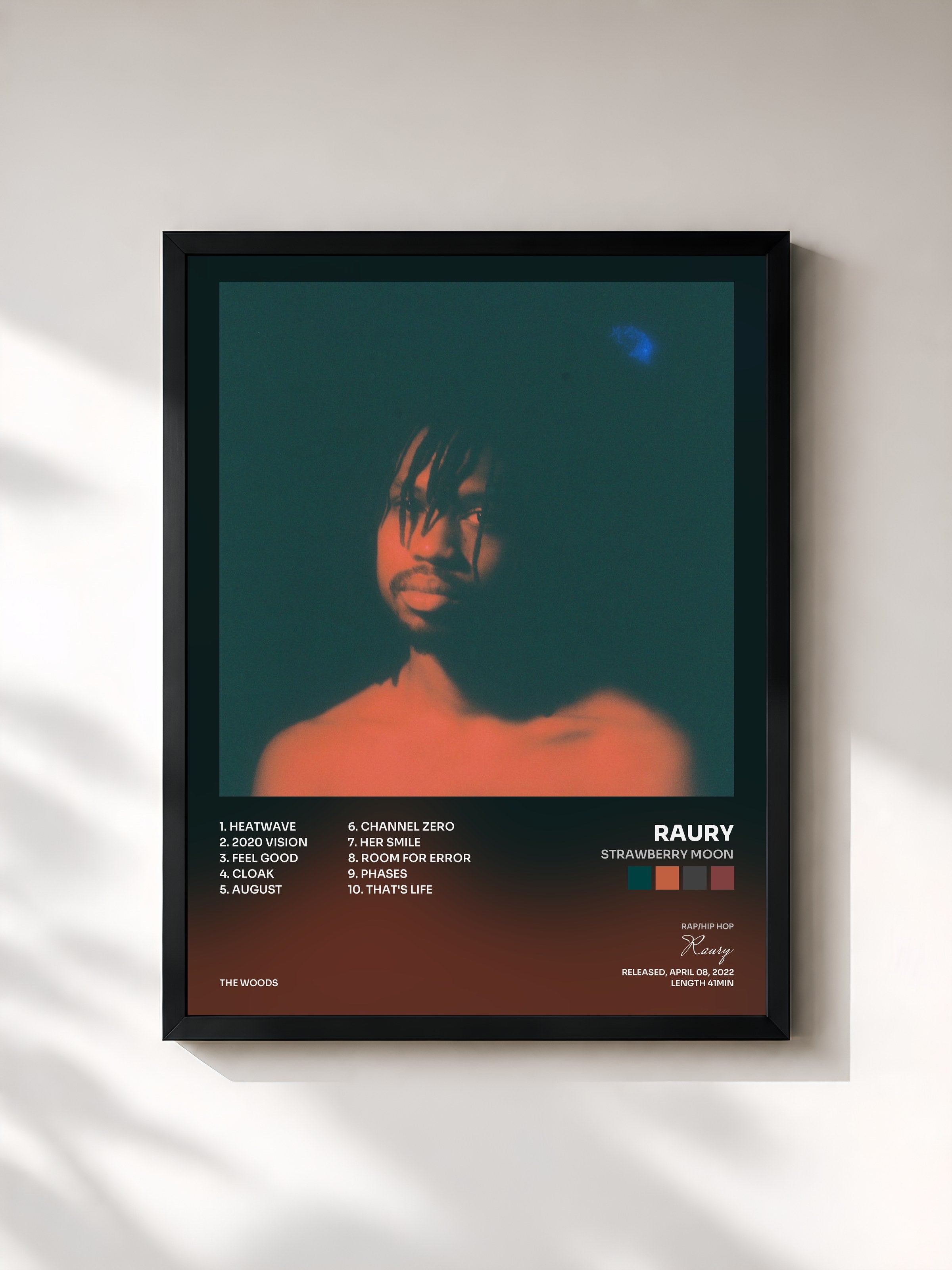 #noir Tableau de l'album Strawberry Moon de Raury, cadre noir, imprimé et encadré en France