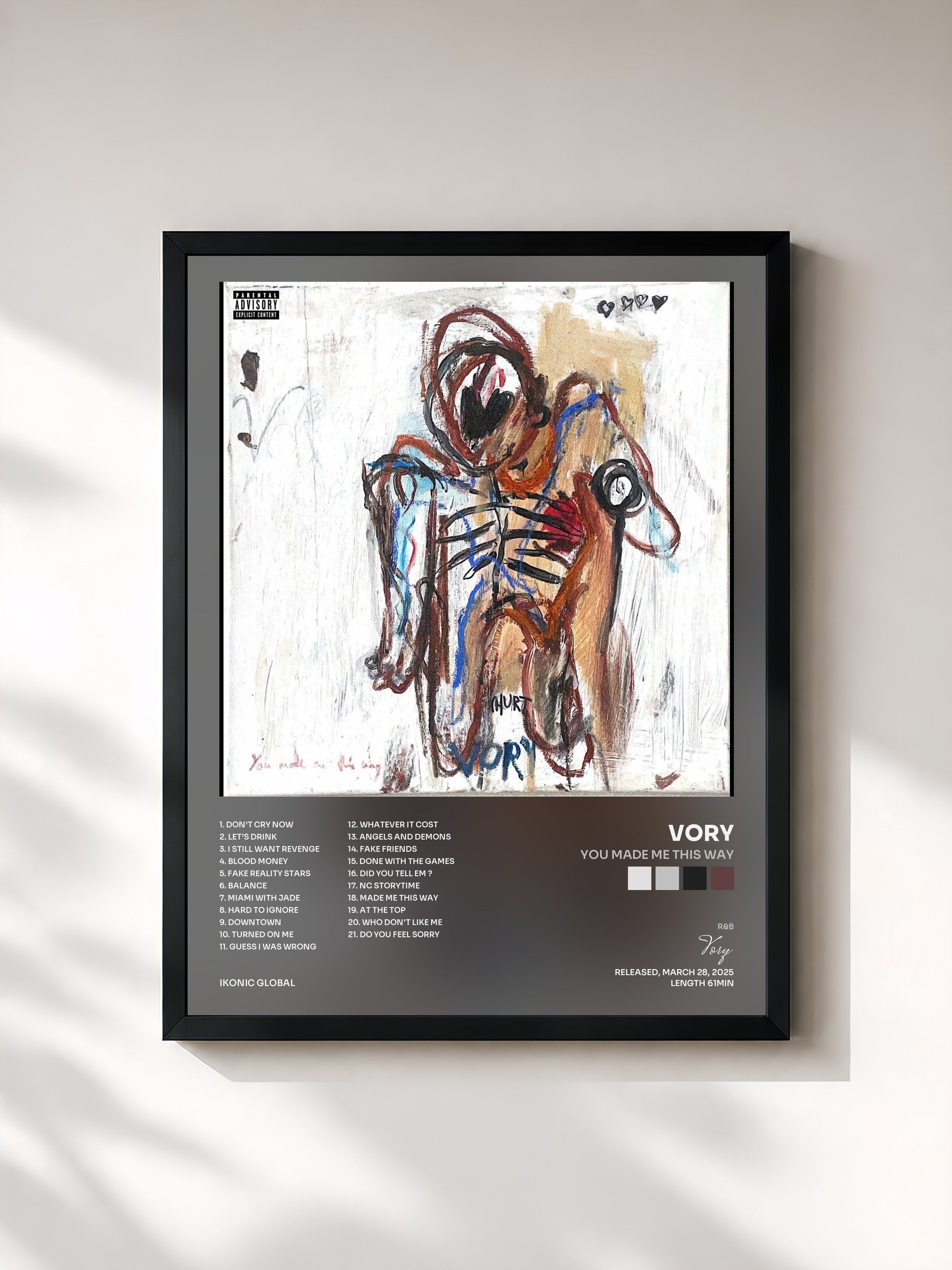 #noir Tableau de l'album You Made Me This Way de Vory, cadre noir, imprimé et encadré en France