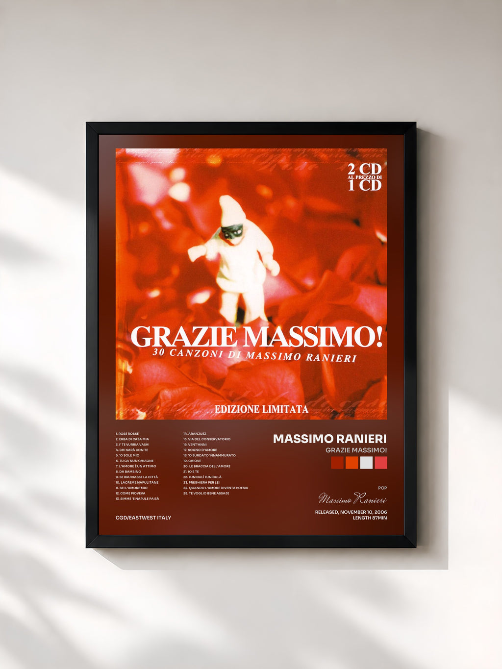 #noir Tableau de l'album Grazie Massimo! de Massimo Ranieri, cadre noir, imprimé et encadré en France