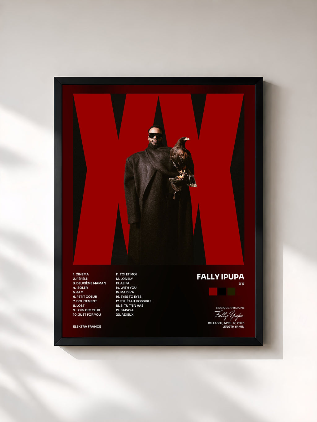 #noir Tableau de l'album XX de Fally Ipupa, cadre noir, imprimé et encadré en France