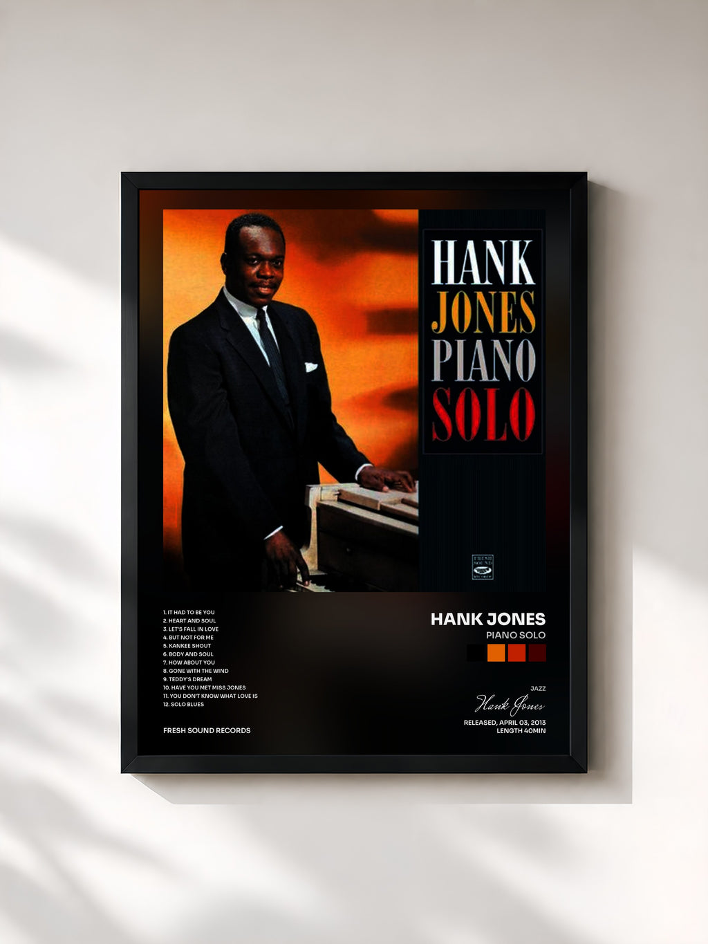 #noir Tableau de l'album Piano Solo de Hank Jones, cadre noir, imprimé et encadré en France