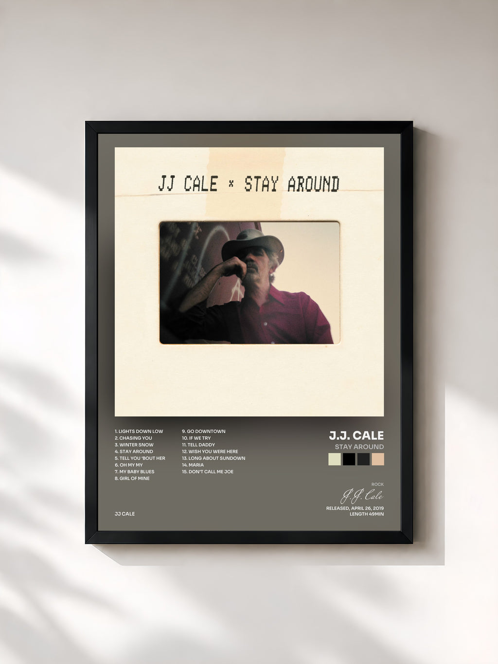 #noir Tableau de l'album Stay Around de J.J. Cale, cadre noir, imprimé et encadré en France