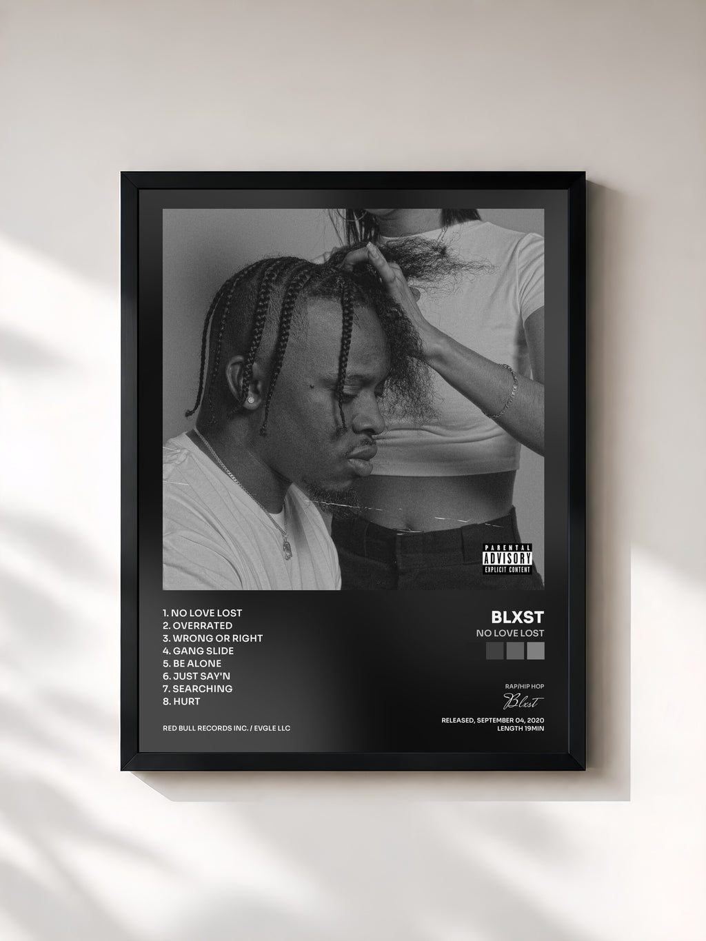 #noir Tableau de l'album No Love Lost de Blxst, cadre noir, imprimé et encadré en France