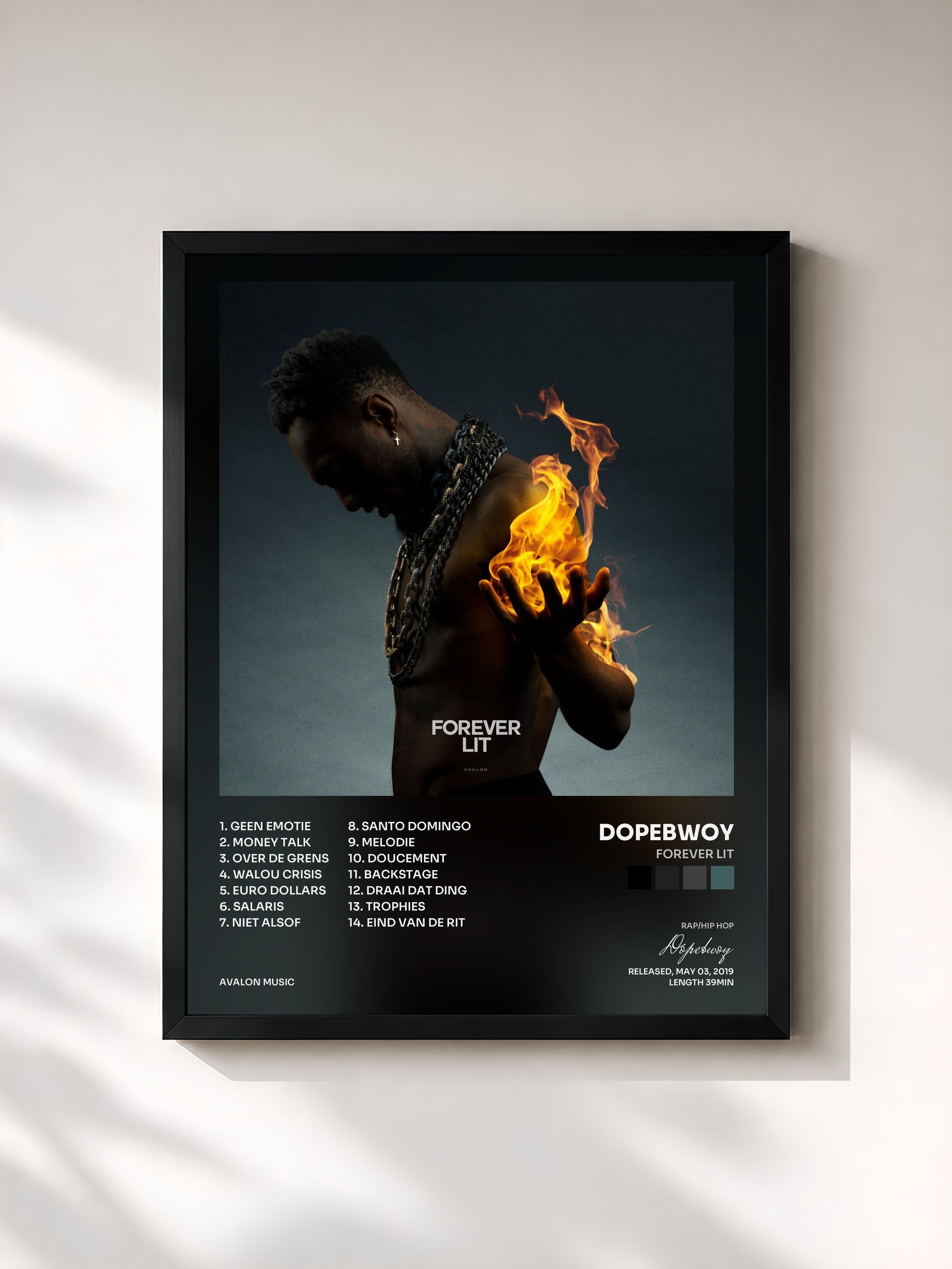 #noir Tableau de l'album Forever Lit de Dopebwoy, cadre noir, imprimé et encadré en France