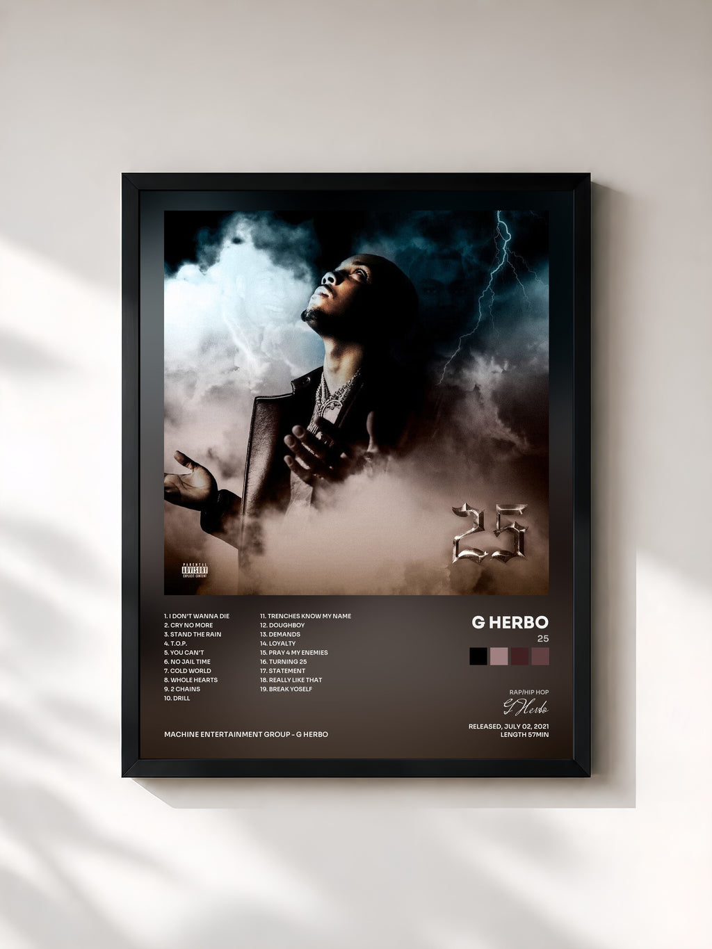 #noir Tableau de l'album 25 de G Herbo, cadre noir, imprimé et encadré en France