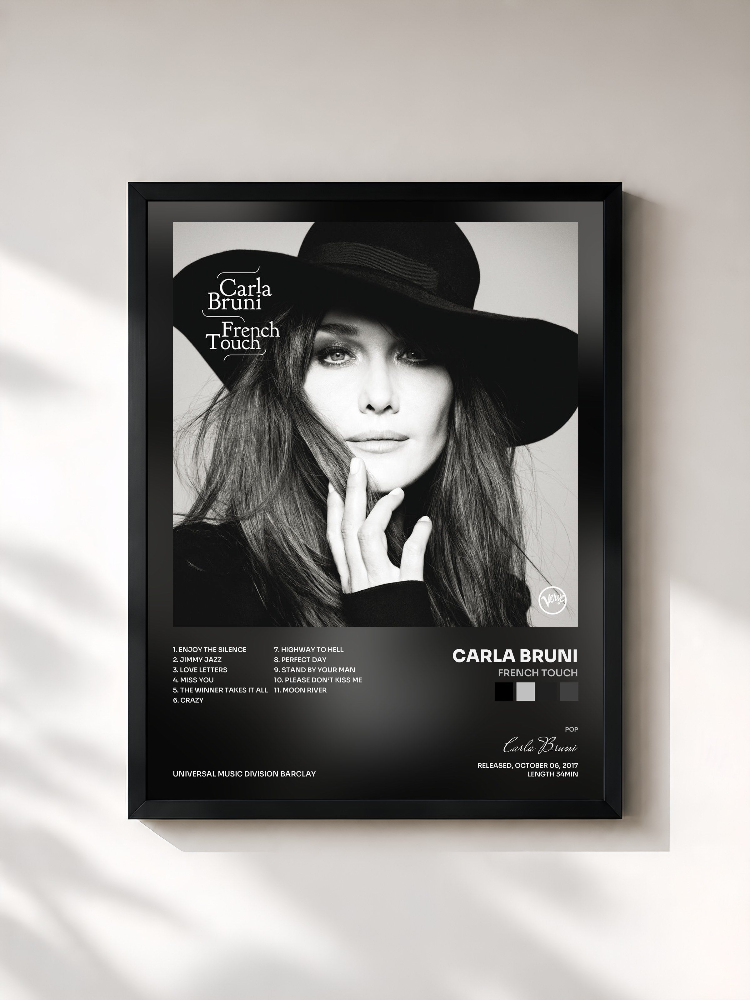 #noir Tableau de l'album French Touch de Carla Bruni, cadre noir, imprimé et encadré en France