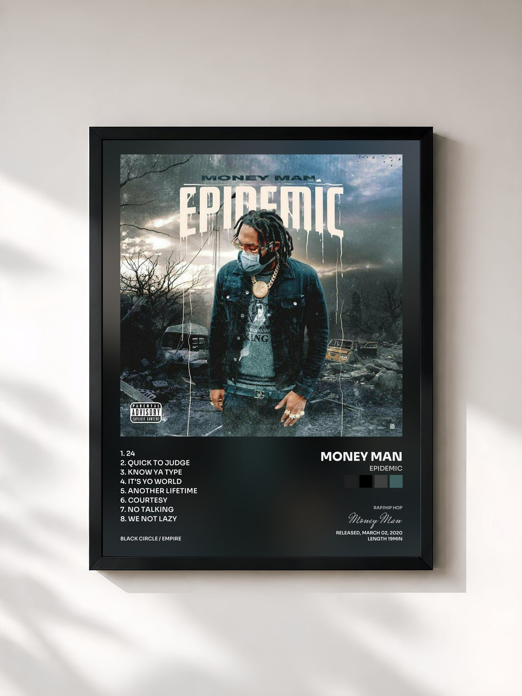 #noir Tableau de l'album Epidemic de Money Man, cadre noir, imprimé et encadré en France