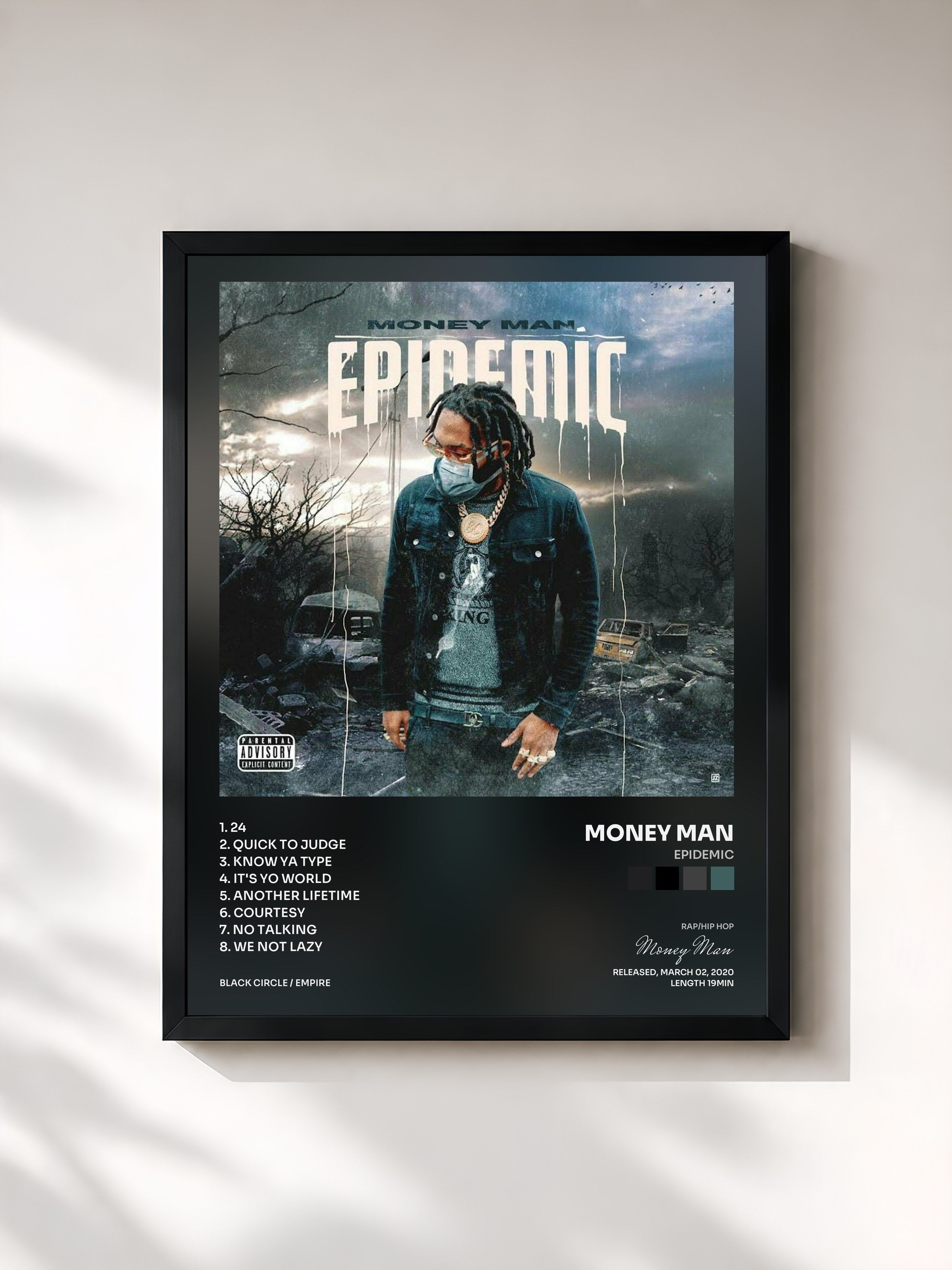 #noir Tableau de l'album Epidemic de Money Man, cadre noir, imprimé et encadré en France