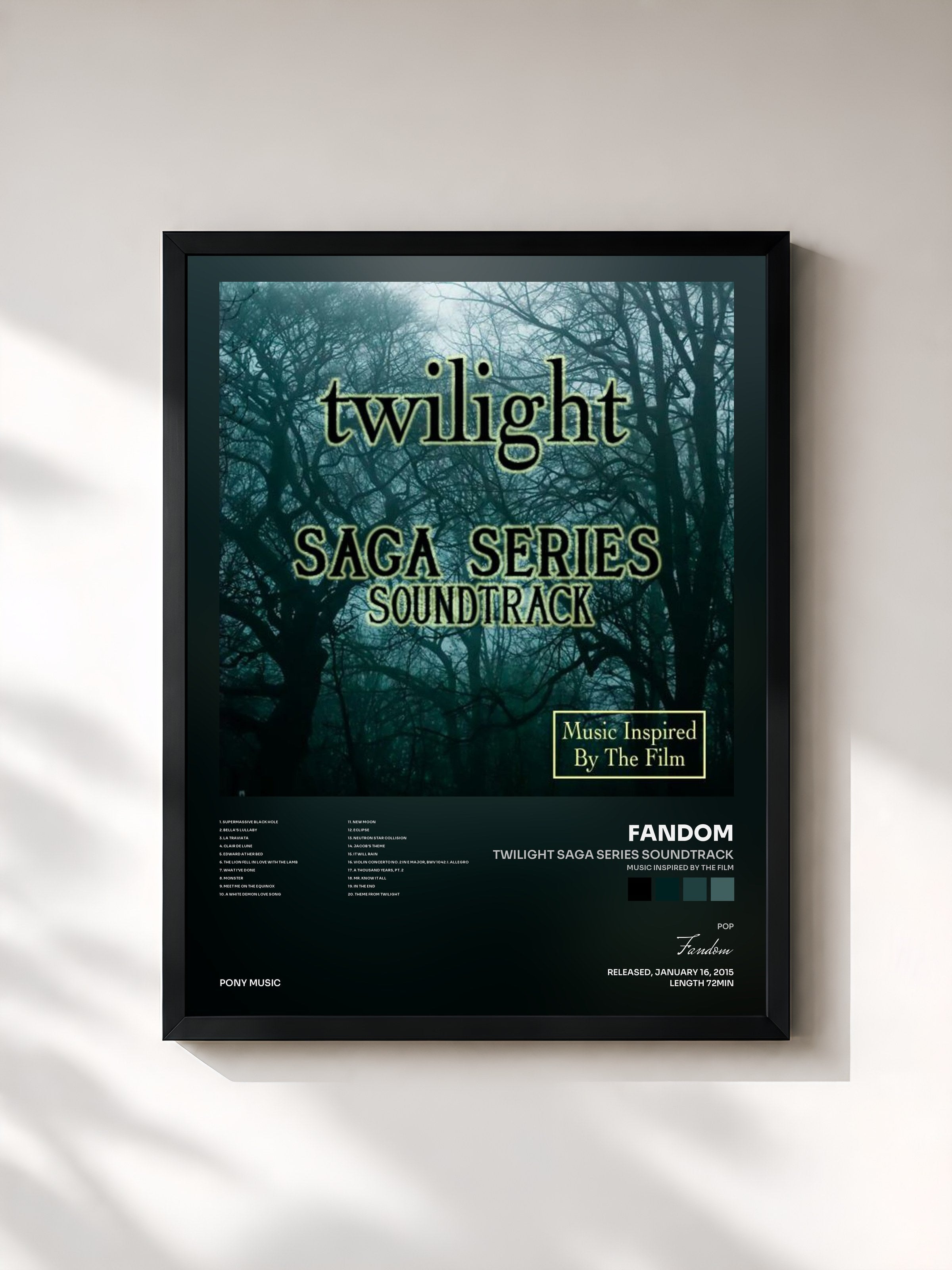 #noir Tableau de l'album Twilight Saga Series Soundtrack (Music Inspired By the Film) de Fandom, cadre noir, imprimé et encadré en France