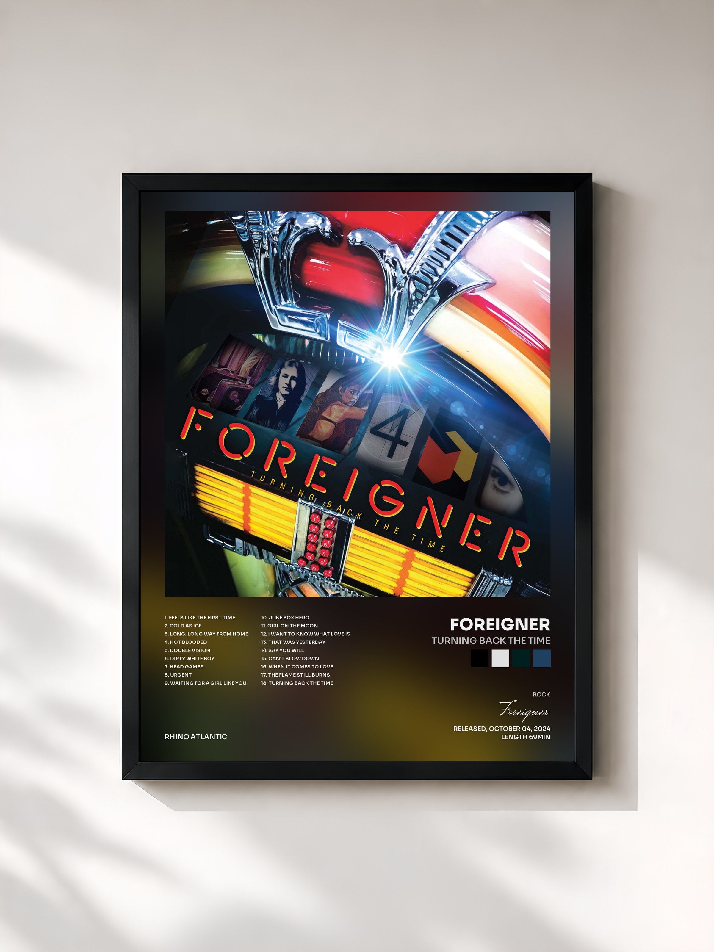 #noir Tableau de l'album Turning Back the Time de Foreigner, cadre noir, imprimé et encadré en France