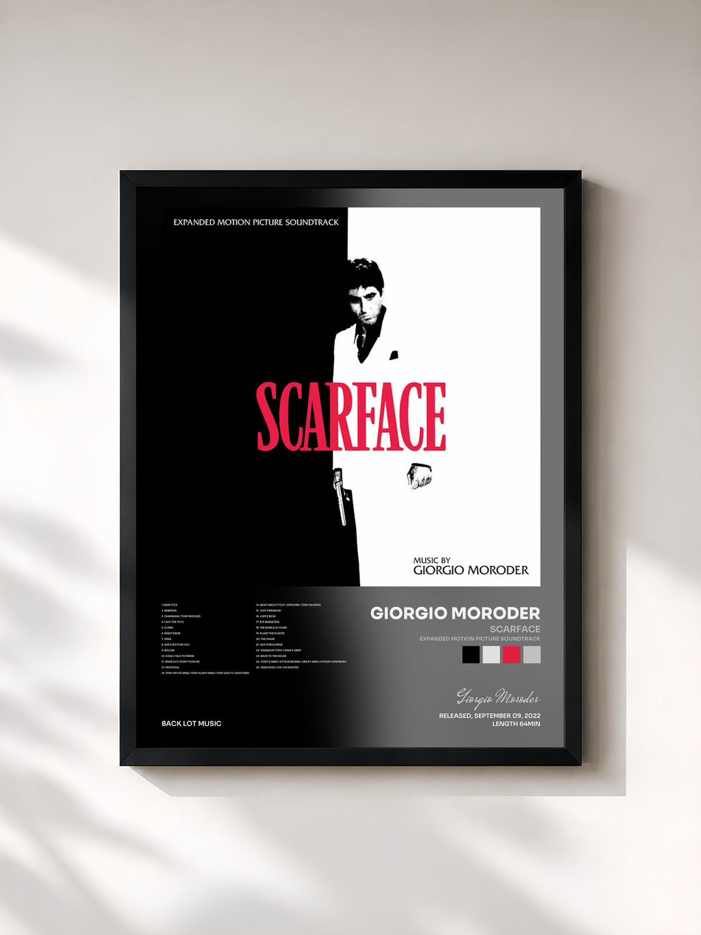 #noir Tableau de l'album Scarface (Expanded Motion Picture Soundtrack) de Giorgio Moroder, cadre noir, imprimé et encadré en France