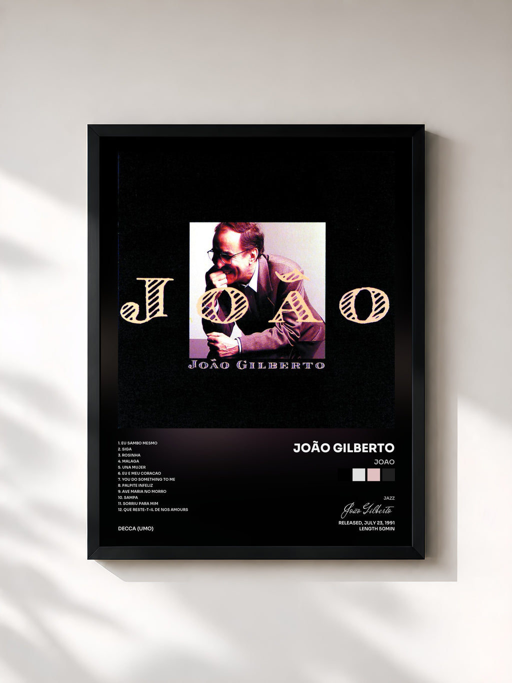 #noir Tableau de l'album Joao de João Gilberto, cadre noir, imprimé et encadré en France