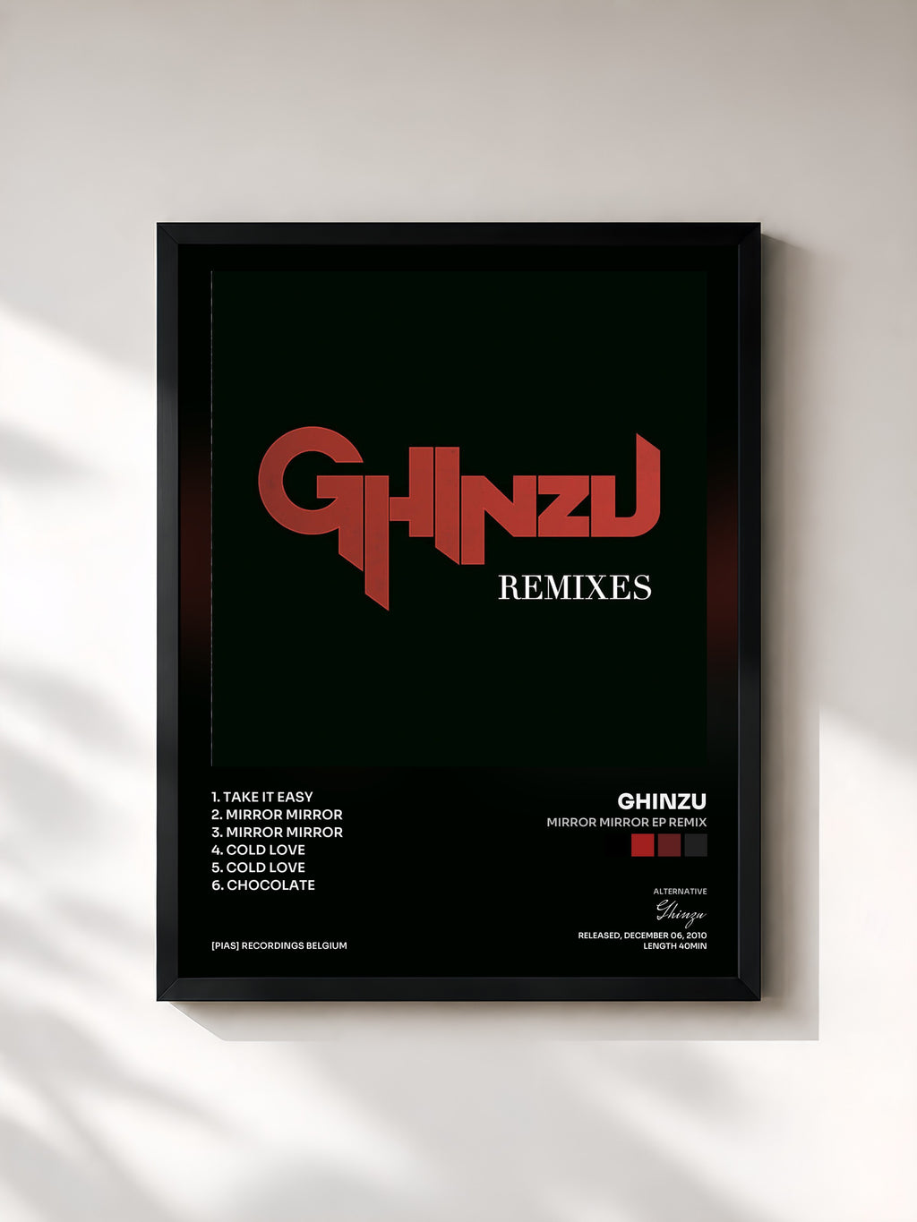 #noir Tableau de l'album Mirror Mirror EP remix de Ghinzu, cadre noir, imprimé et encadré en France