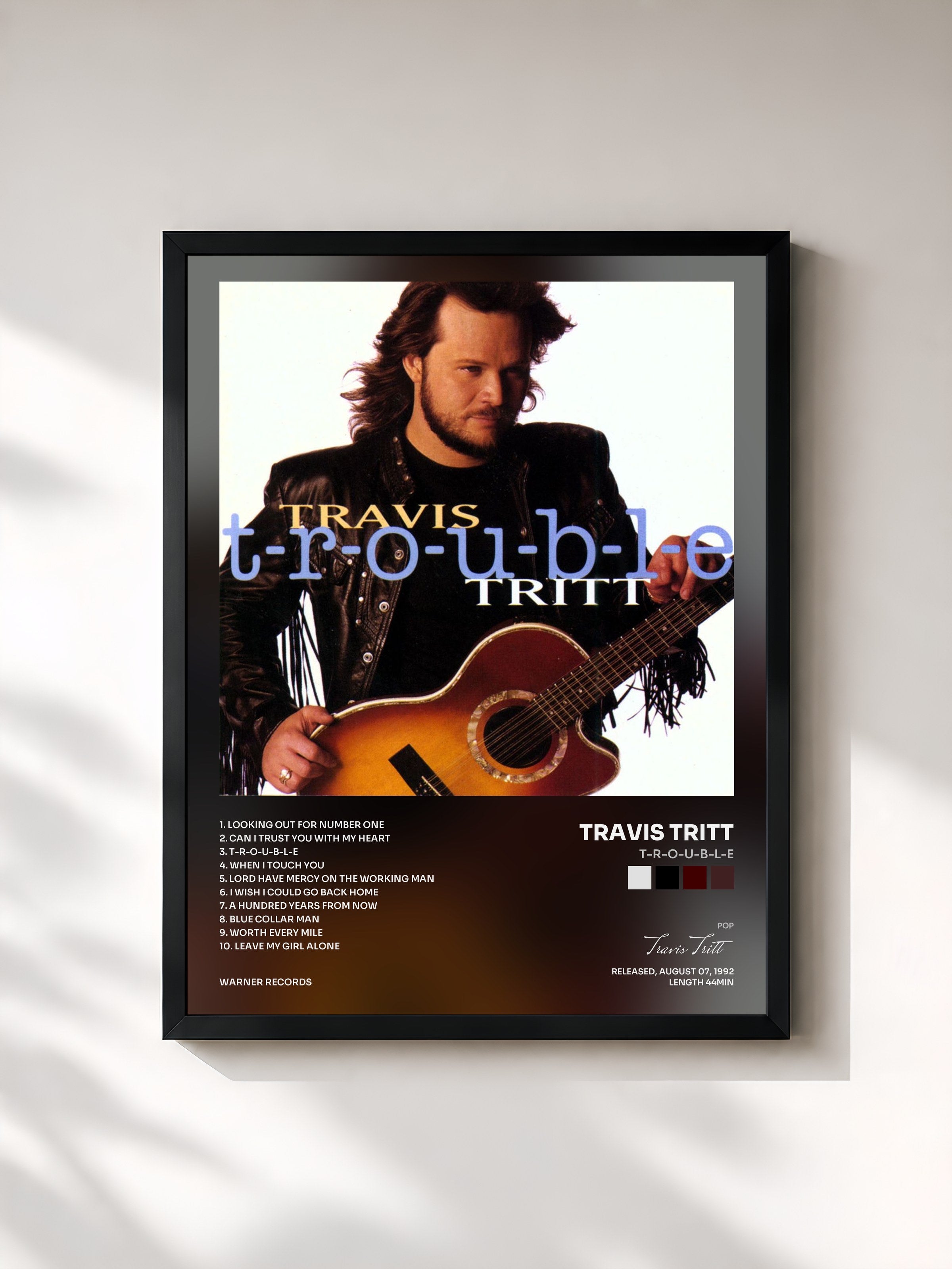 #noir Tableau de l'album T-R-O-U-B-L-E de Travis Tritt, cadre noir, imprimé et encadré en France