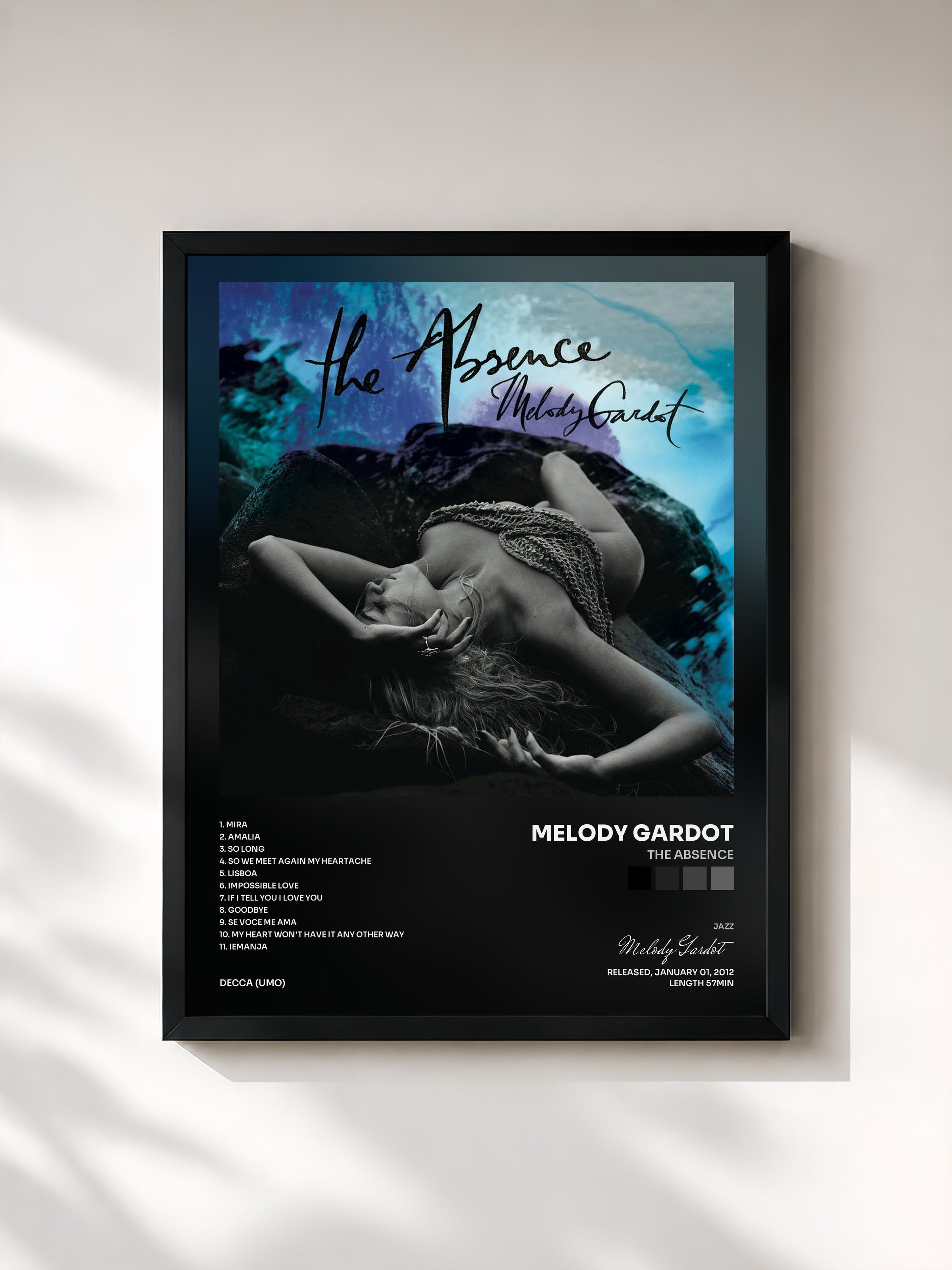 #noir Tableau de l'album The Absence de Melody Gardot, cadre noir, imprimé et encadré en France