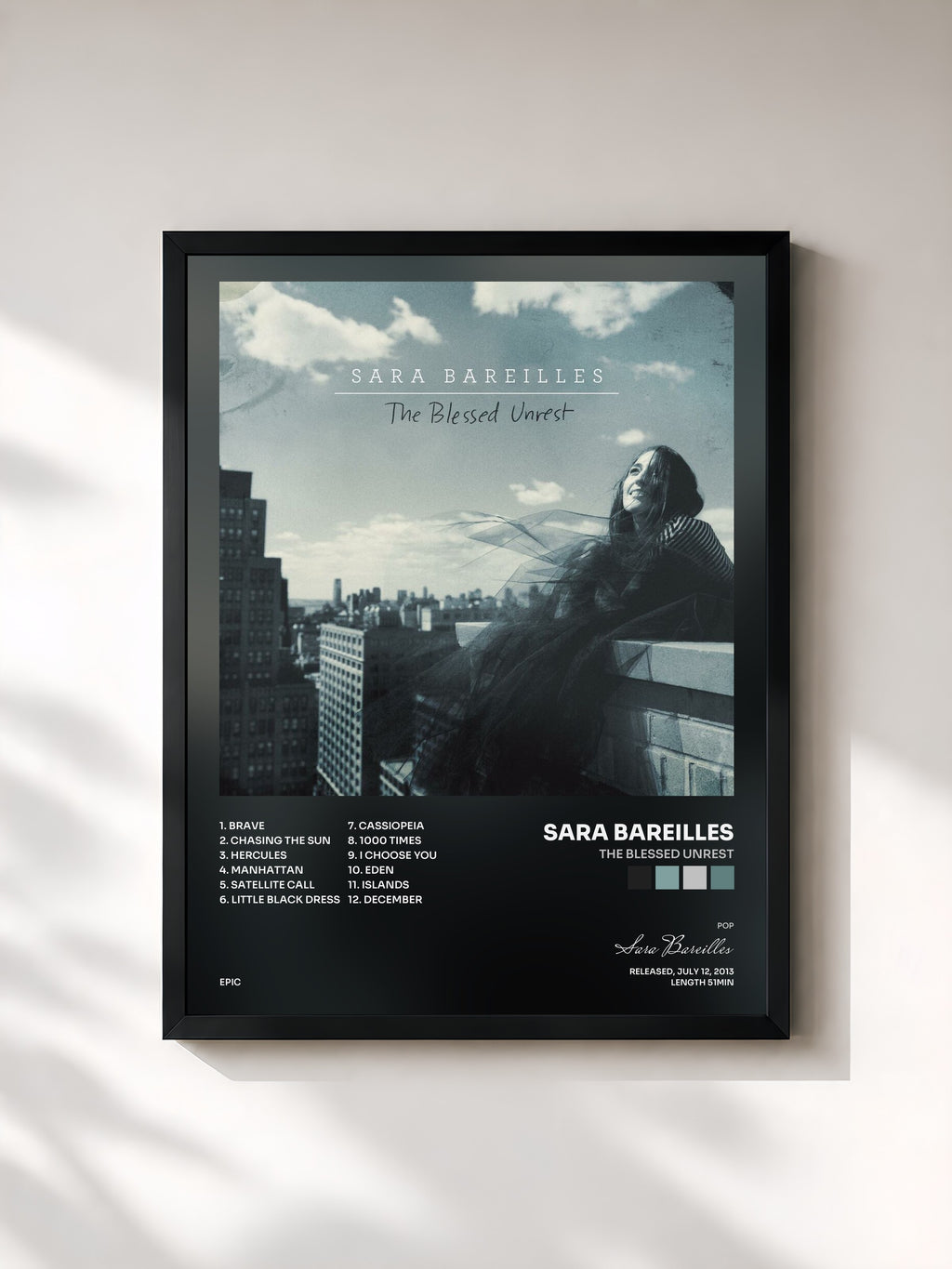 #noir Tableau de l'album The Blessed Unrest de Sara Bareilles, cadre noir, imprimé et encadré en France