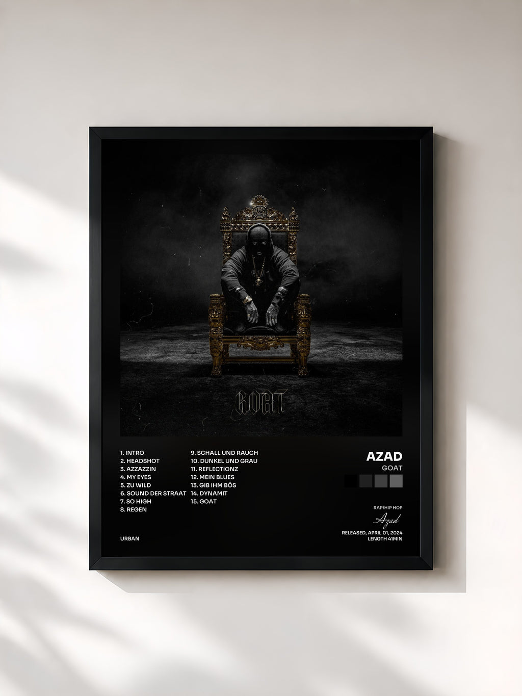 #noir Tableau de l'album GOAT de Azad, cadre noir, imprimé et encadré en France