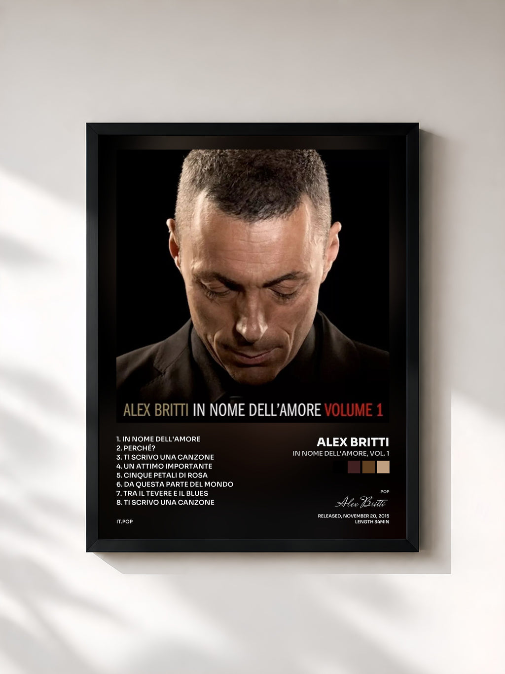 #noir Tableau de l'album In nome dell'amore, Vol. 1 de Alex Britti, cadre noir, imprimé et encadré en France