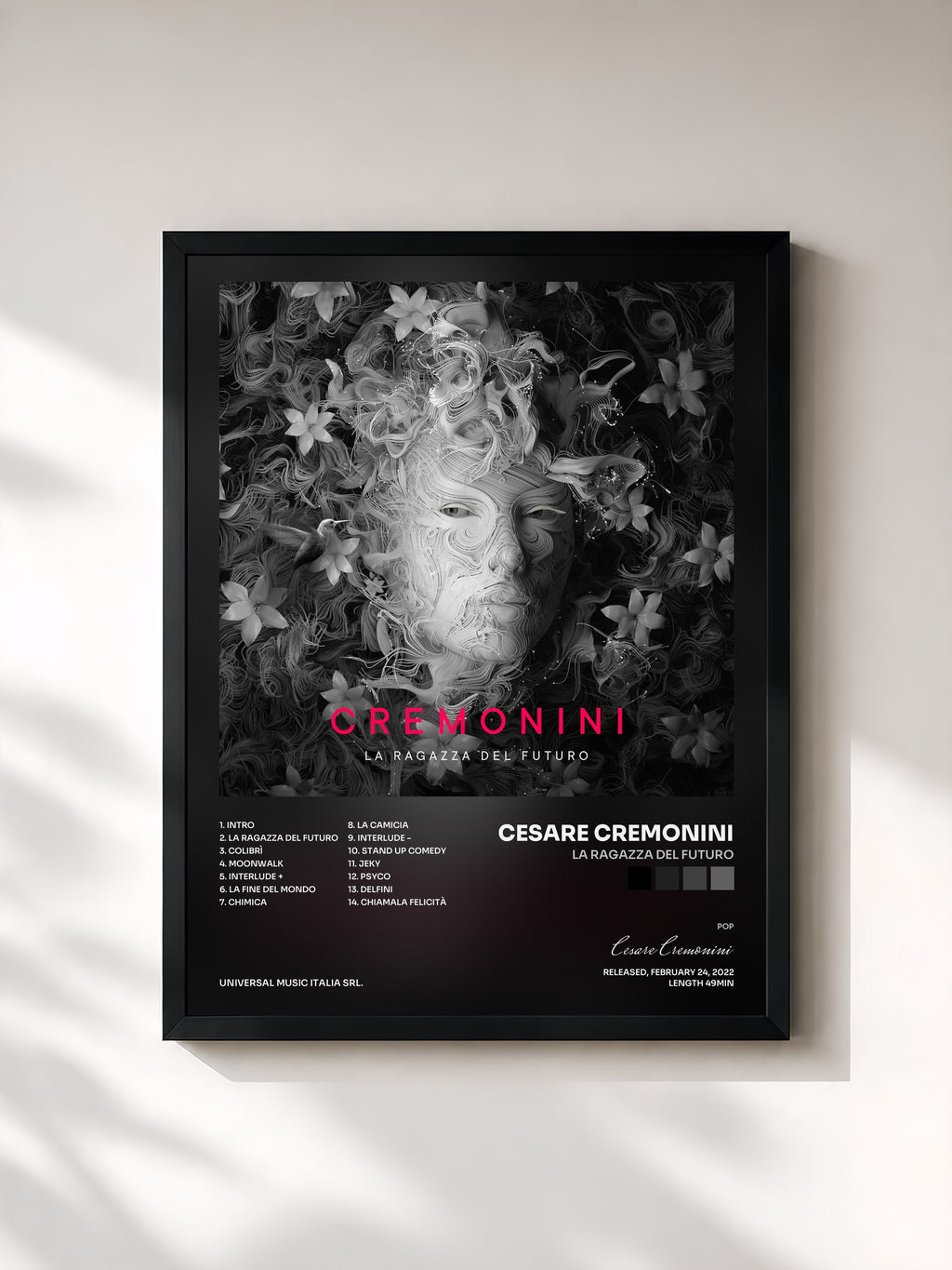 #noir Tableau de l'album La Ragazza Del Futuro de Cesare Cremonini, cadre noir, imprimé et encadré en France