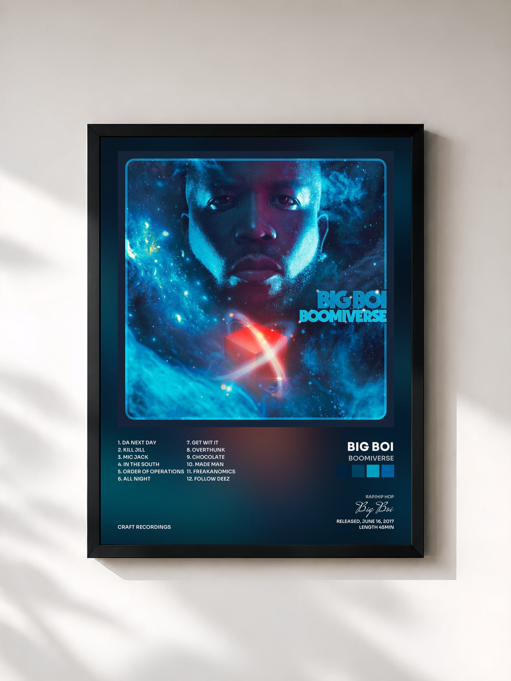 #noir Tableau de l'album BOOMIVERSE de Big Boi, cadre noir, imprimé et encadré en France