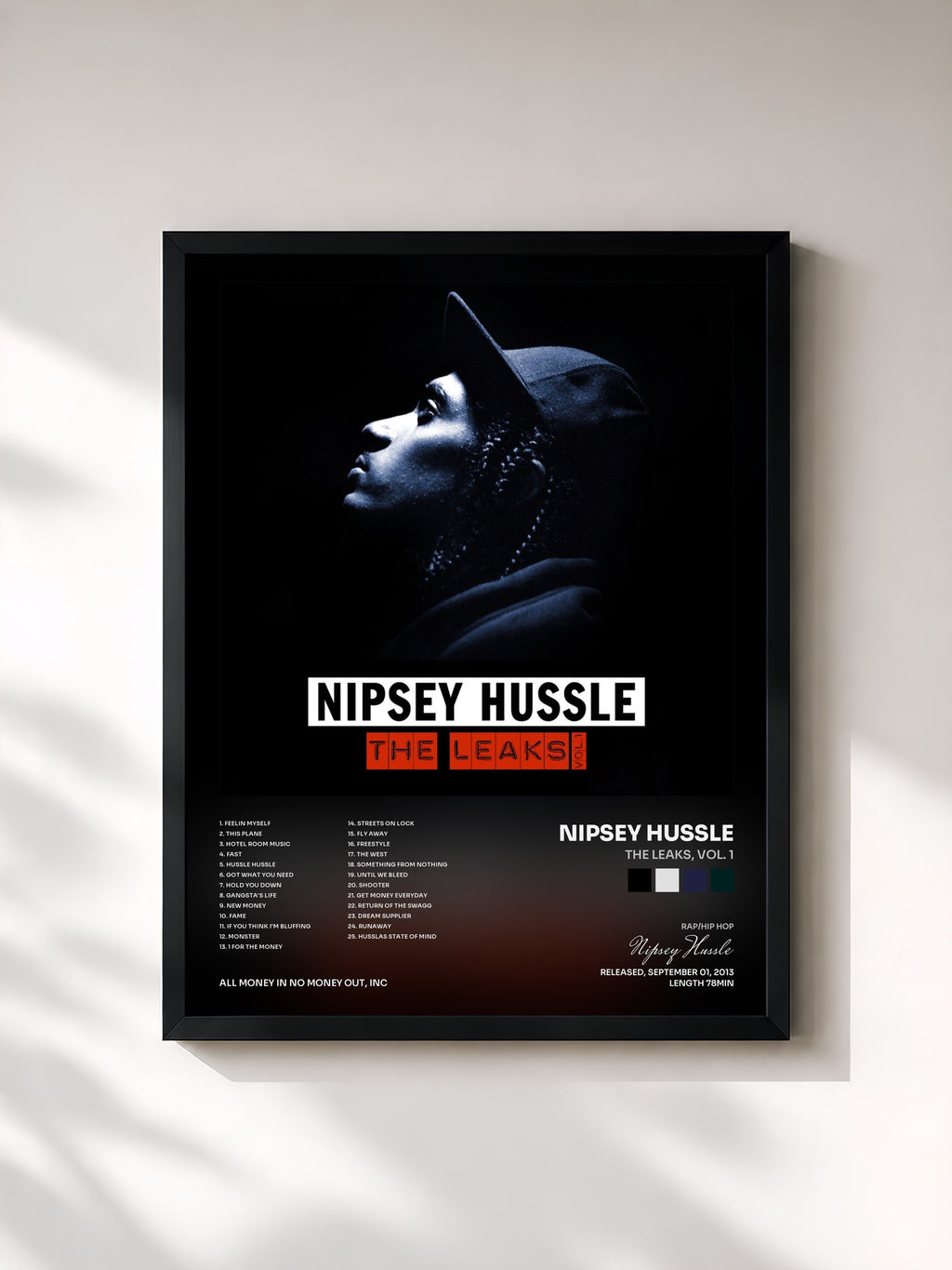 #noir Tableau de l'album The Leaks, Vol. 1 de Nipsey Hussle, cadre noir, imprimé et encadré en France