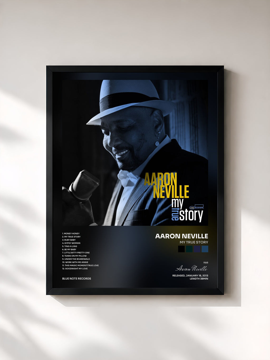 #noir Tableau de l'album My True Story de Aaron Neville, cadre noir, imprimé et encadré en France