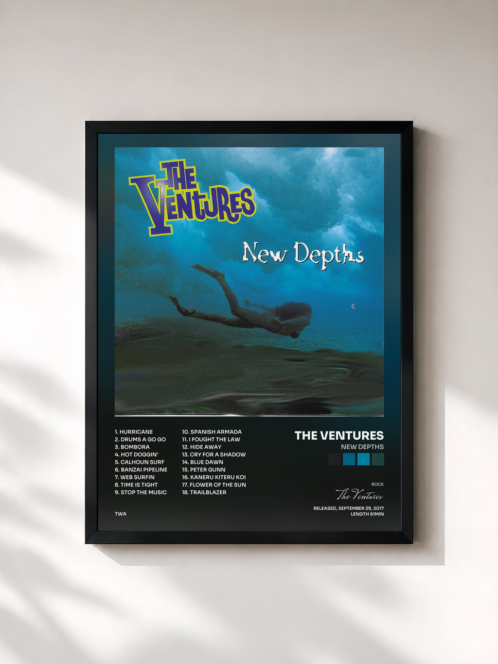 #noir Tableau de l'album New Depths de The Ventures, cadre noir, imprimé et encadré en France