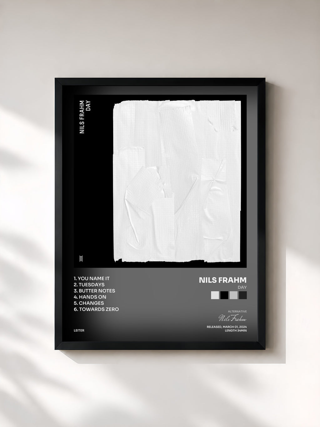 #noir Tableau de l'album Day de Nils Frahm, cadre noir, imprimé et encadré en France