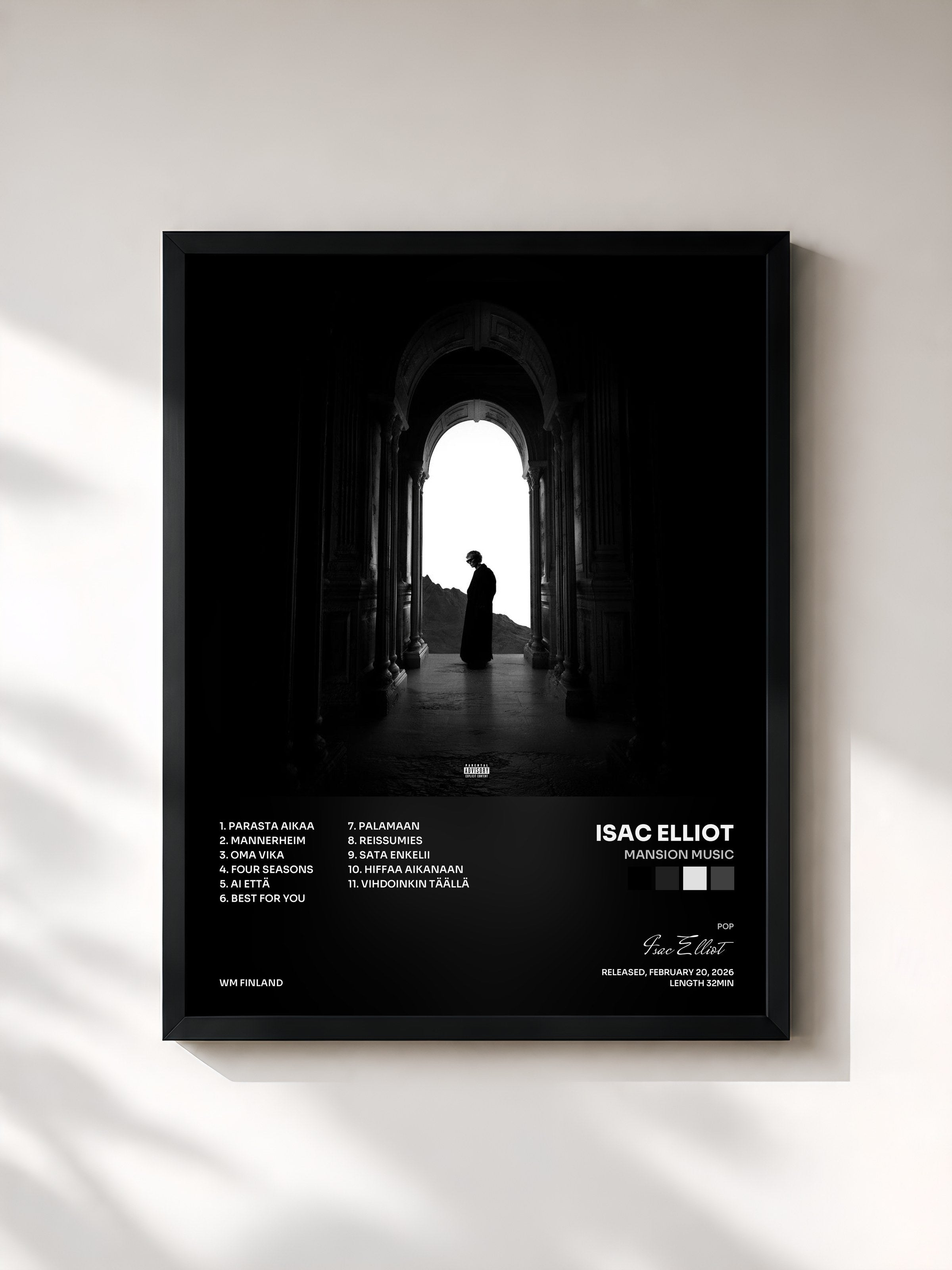 #noir Tableau de l'album Mansion Music de Isac Elliot, cadre noir, imprimé et encadré en France