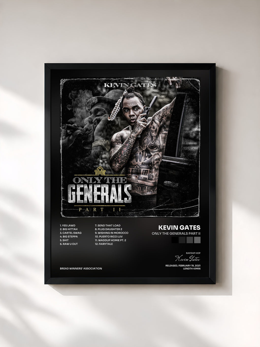 #noir Tableau de l'album Only The Generals Part II de Kevin Gates, cadre noir, imprimé et encadré en France