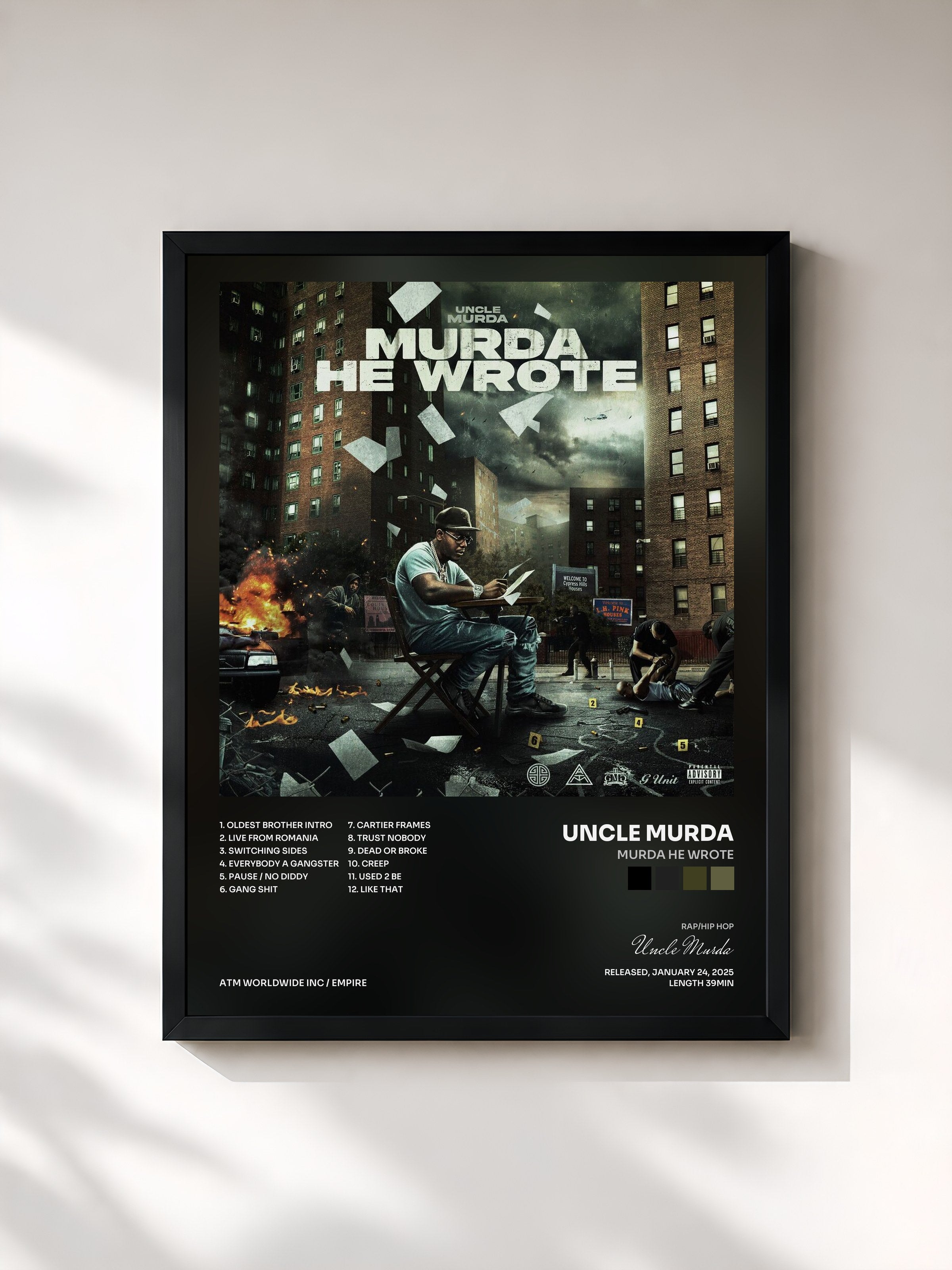 #noir Tableau de l'album MURDA HE WROTE de Uncle Murda, cadre noir, imprimé et encadré en France