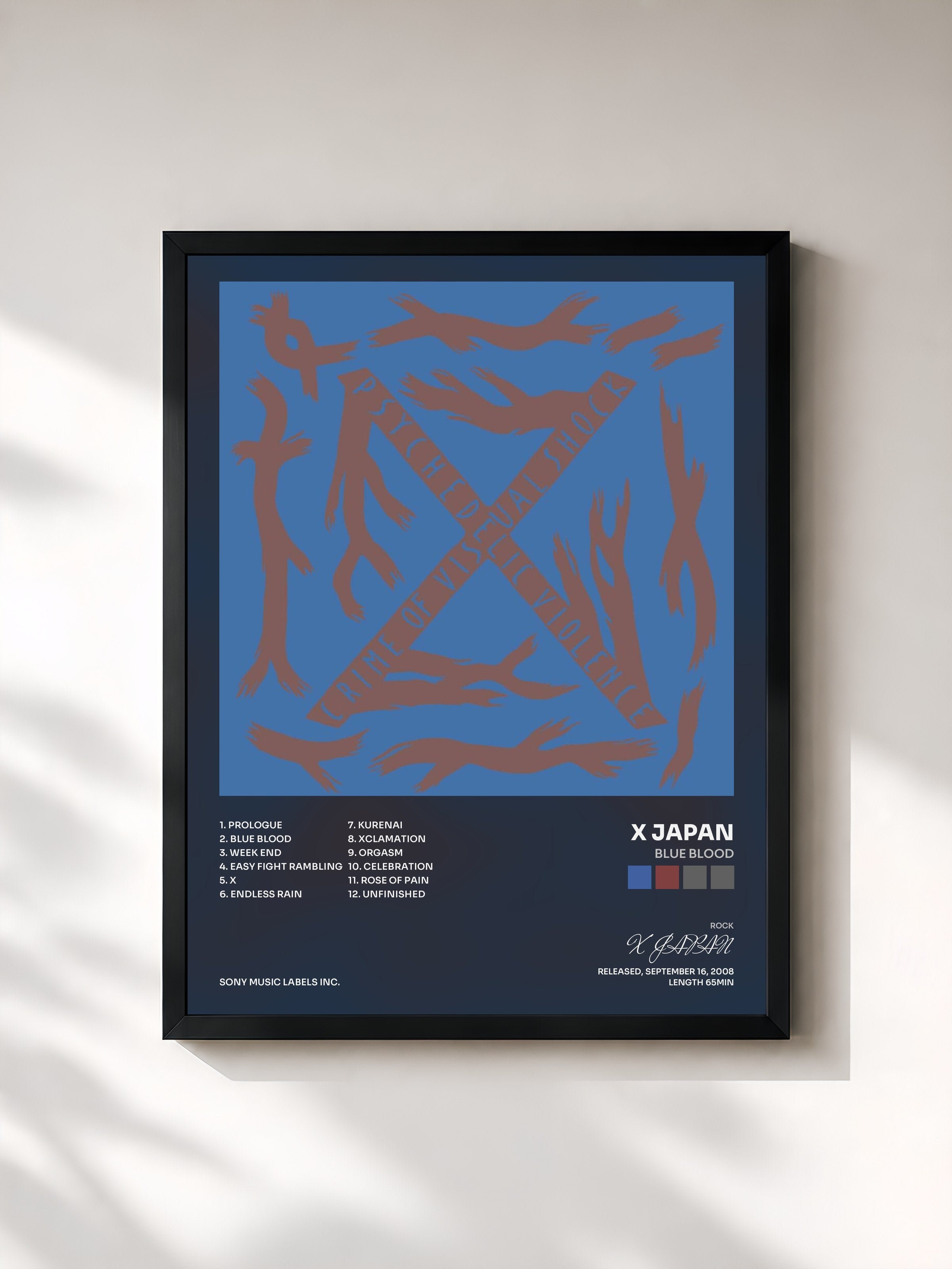#noir Tableau de l'album Blue Blood de X JAPAN, cadre noir, imprimé et encadré en France