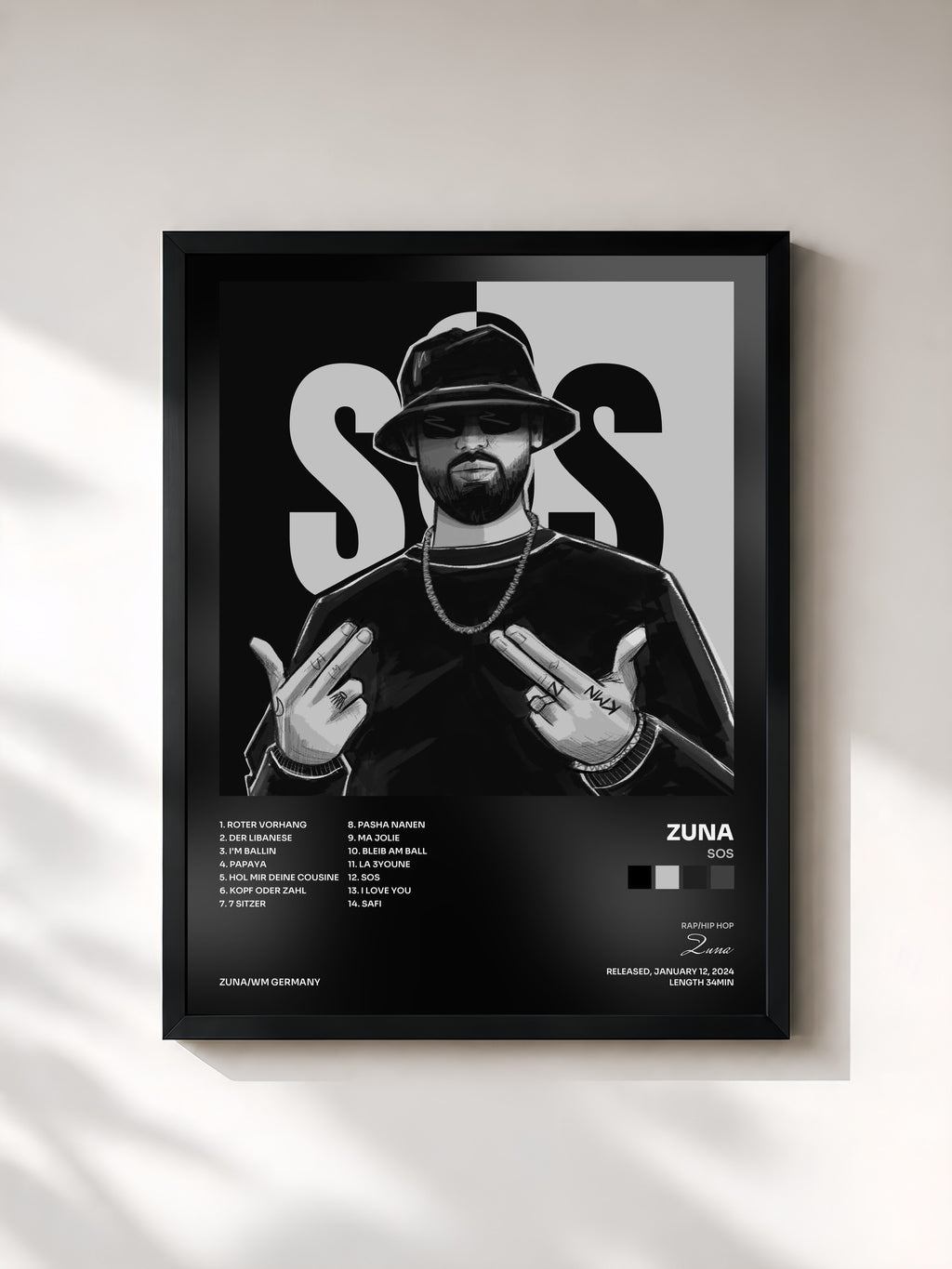 #noir Tableau de l'album SOS de Zuna, cadre noir, imprimé et encadré en France