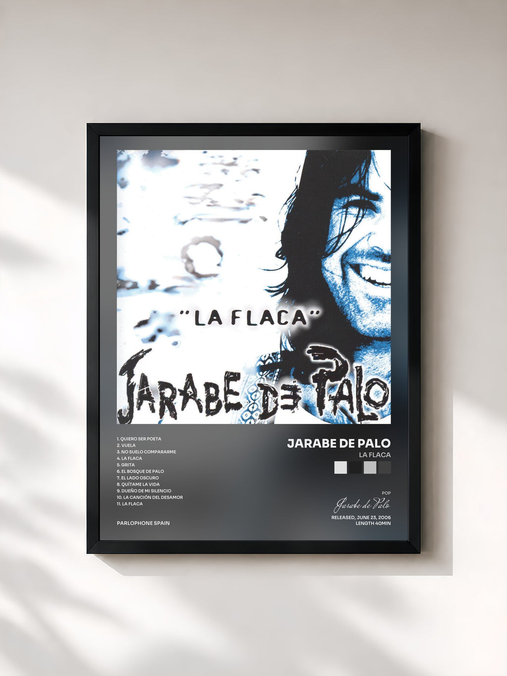 #noir Tableau de l'album La Flaca de Jarabe de Palo, cadre noir, imprimé et encadré en France
