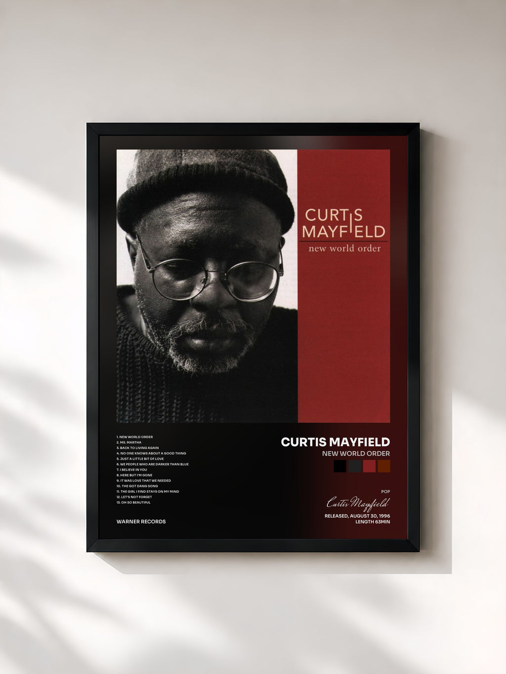 #noir Tableau de l'album New World Order de Curtis Mayfield, cadre noir, imprimé et encadré en France