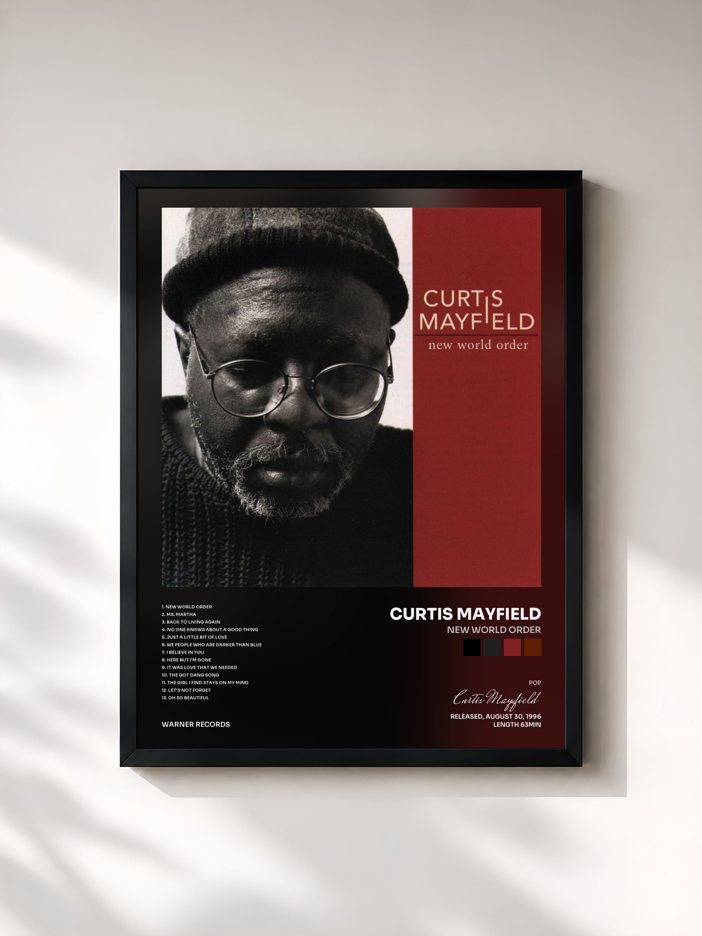 #noir Tableau de l'album New World Order de Curtis Mayfield, cadre noir, imprimé et encadré en France