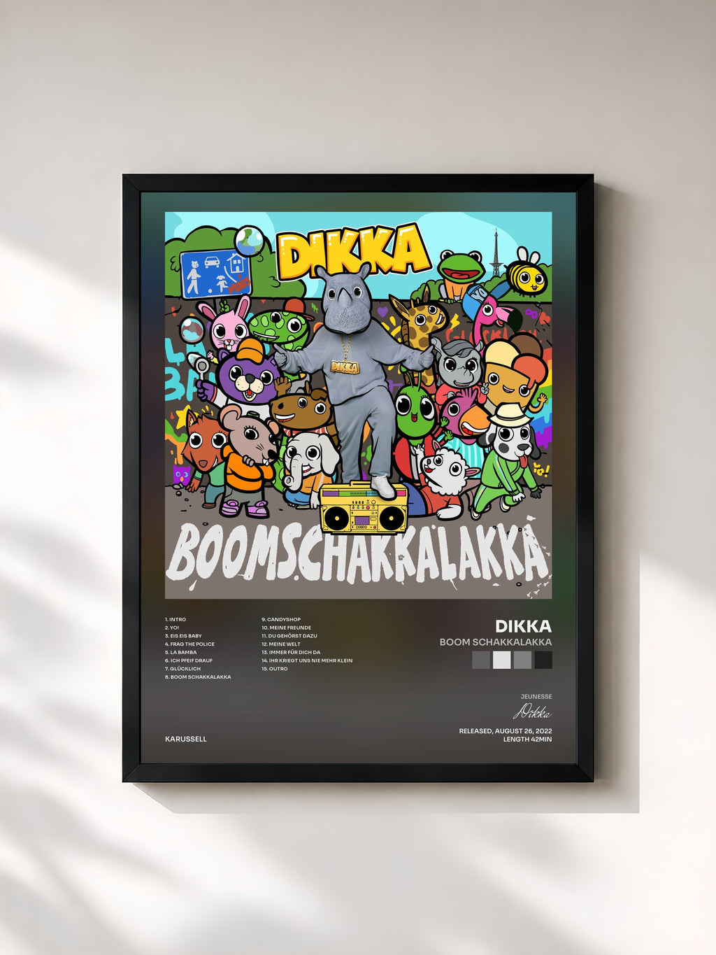 #noir Tableau de l'album Boom Schakkalakka de Dikka, cadre noir, imprimé et encadré en France