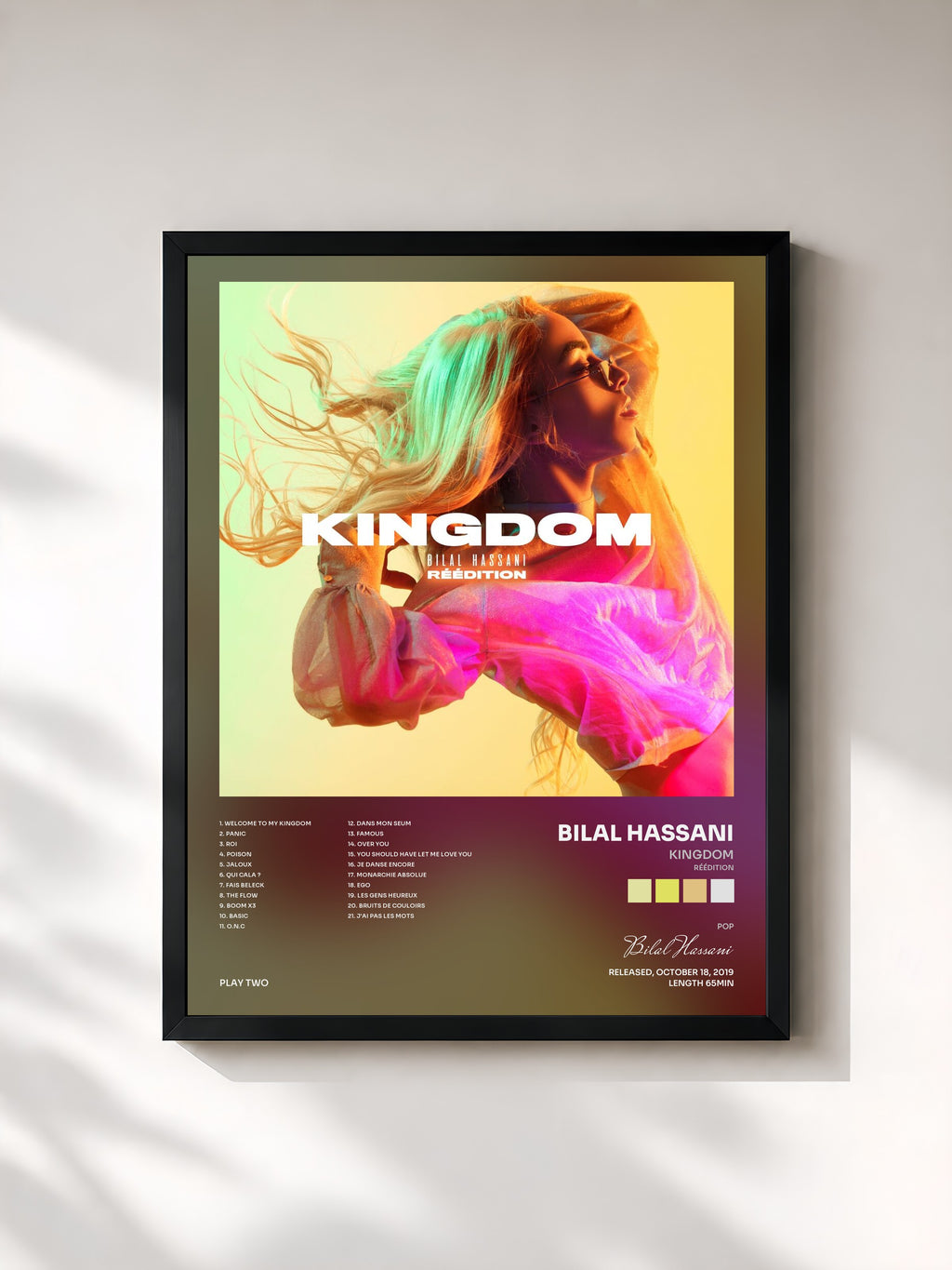 #noir Tableau de l'album Kingdom (Réédition) de Bilal Hassani, cadre noir, imprimé et encadré en France