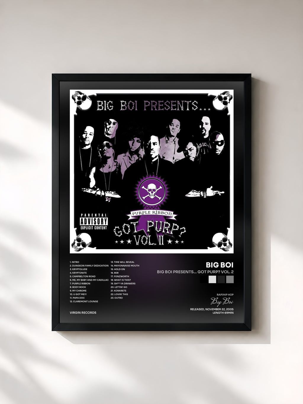 #noir Tableau de l'album Big Boi Presents... Got Purp? Vol. 2 de Big Boi, cadre noir, imprimé et encadré en France