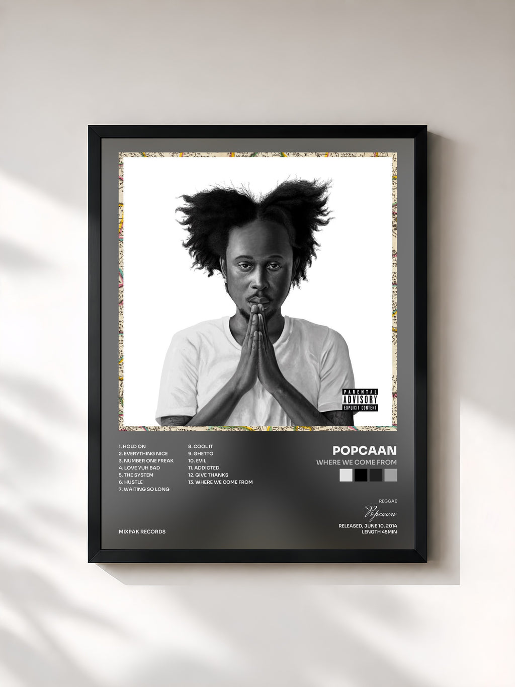 #noir Tableau de l'album Where We Come From de Popcaan, cadre noir, imprimé et encadré en France