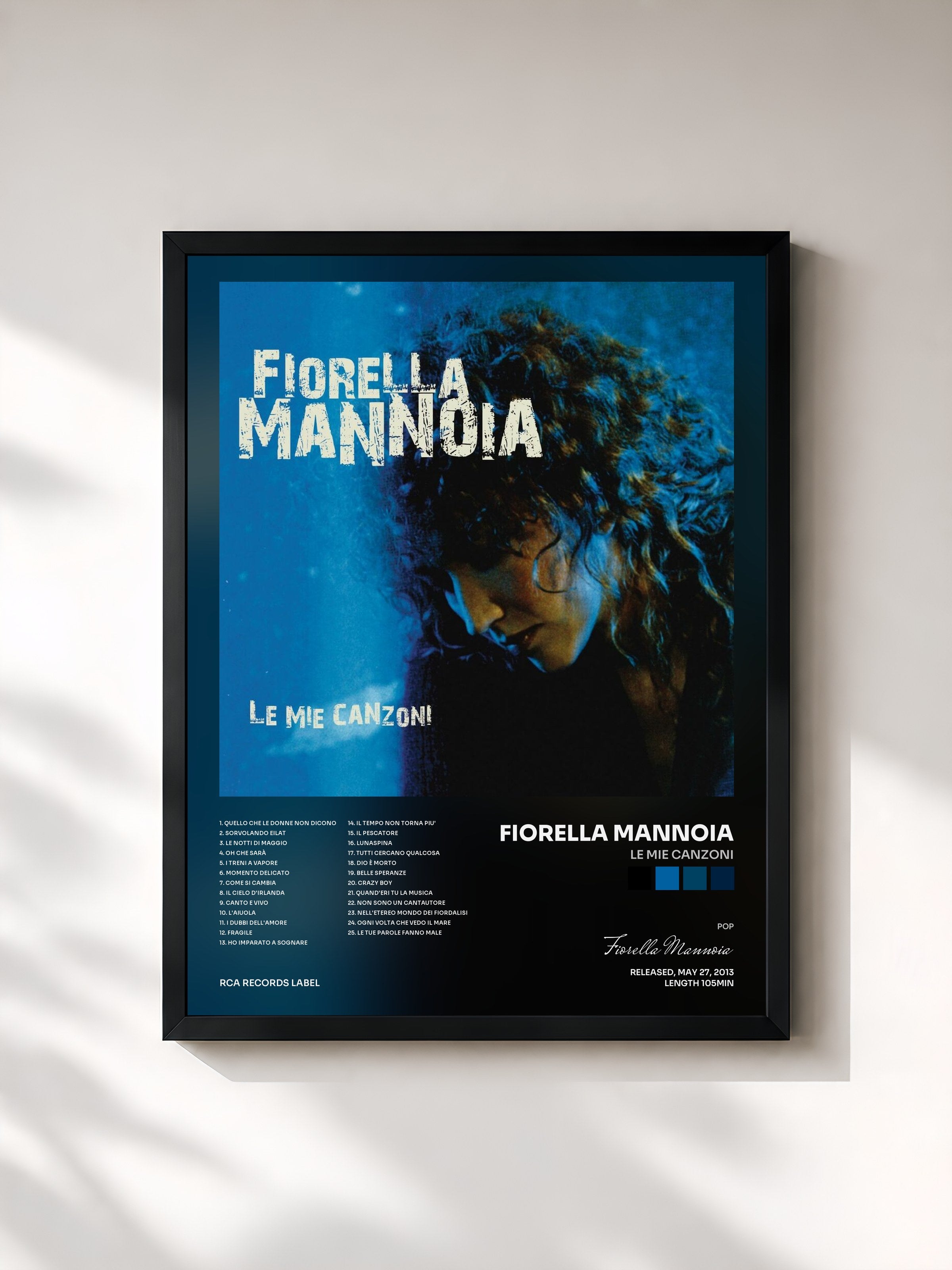 #noir Tableau de l'album Le Mie Canzoni de Fiorella Mannoia, cadre noir, imprimé et encadré en France