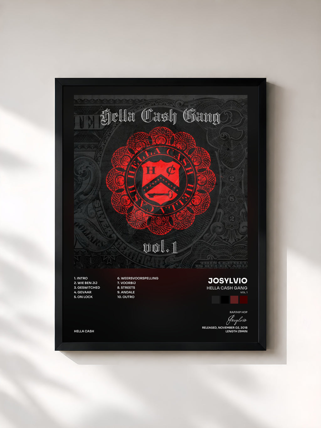 #noir Tableau de l'album Hella Cash Gang (Vol. 1) de Josylvio, cadre noir, imprimé et encadré en France