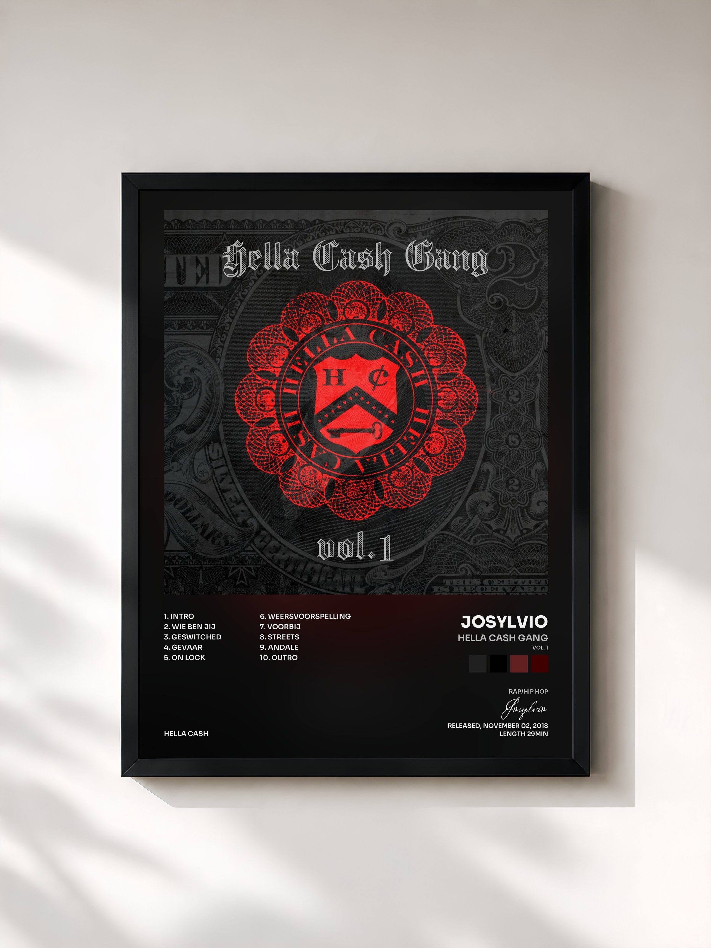 #noir Tableau de l'album Hella Cash Gang (Vol. 1) de Josylvio, cadre noir, imprimé et encadré en France