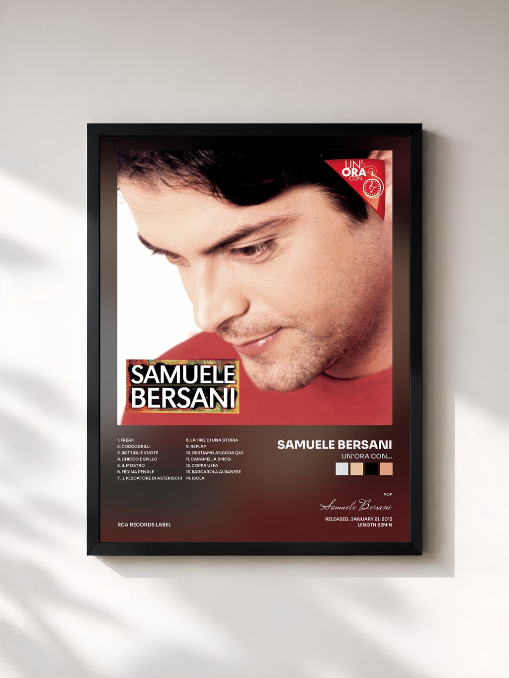 #noir Tableau de l'album Un'ora con... de Samuele Bersani, cadre noir, imprimé et encadré en France
