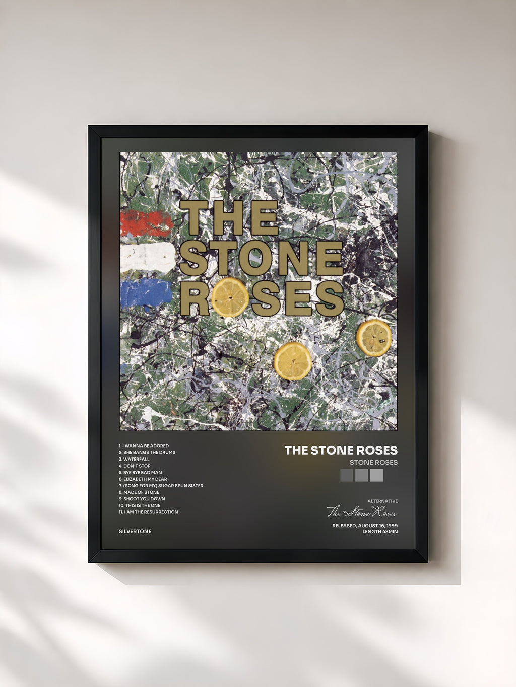 #noir Tableau de l'album Stone Roses de The Stone Roses, cadre noir, imprimé et encadré en France