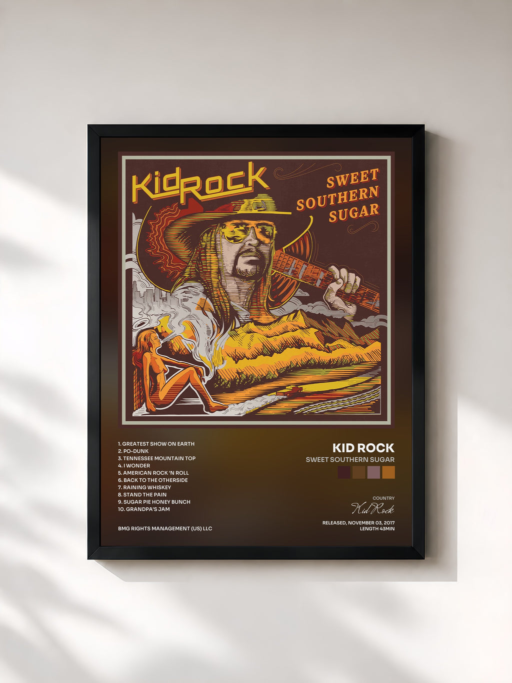 #noir Tableau de l'album Sweet Southern Sugar de Kid Rock, cadre noir, imprimé et encadré en France