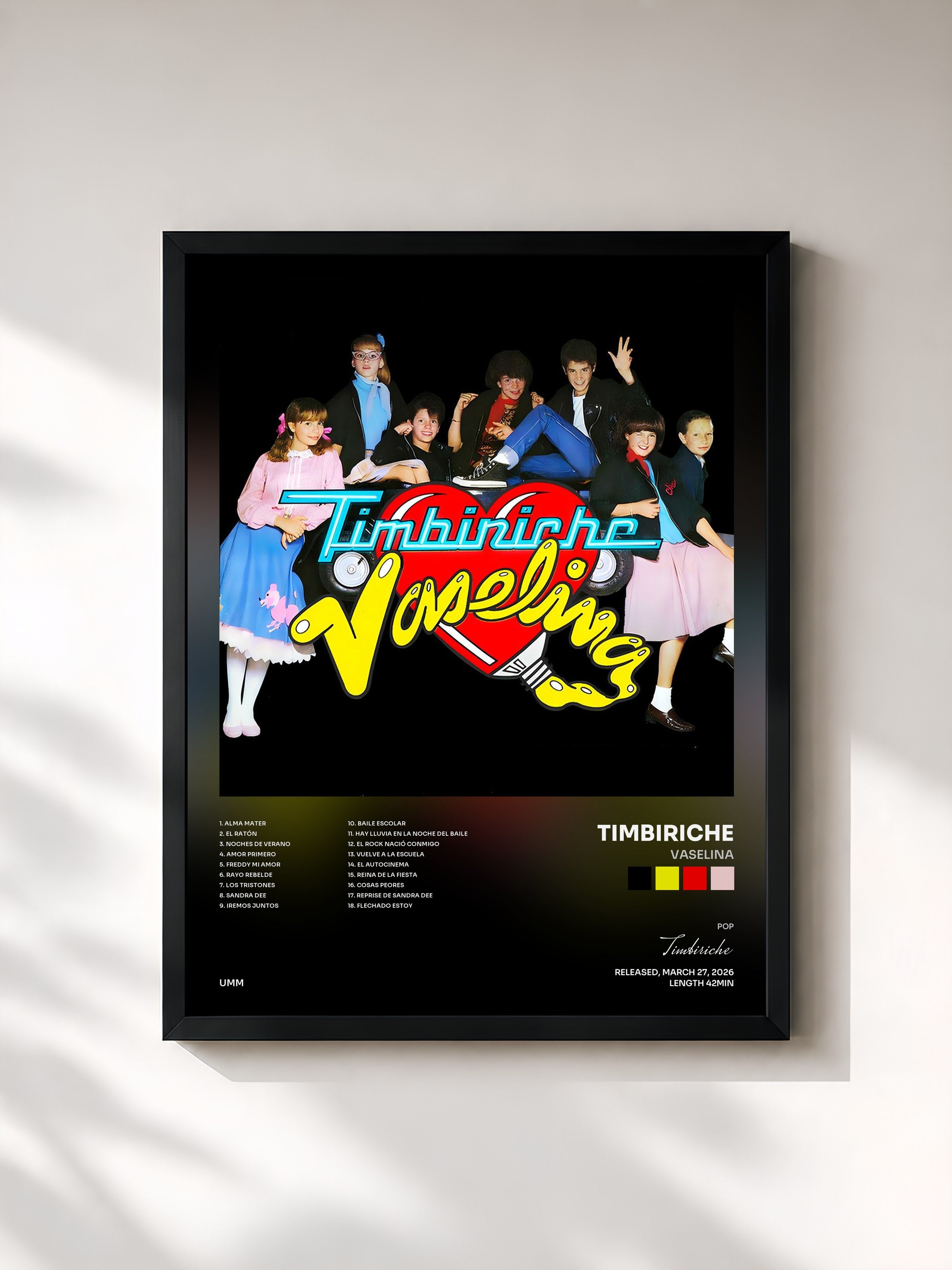 #noir Tableau de l'album Vaselina de Timbiriche, cadre noir, imprimé et encadré en France