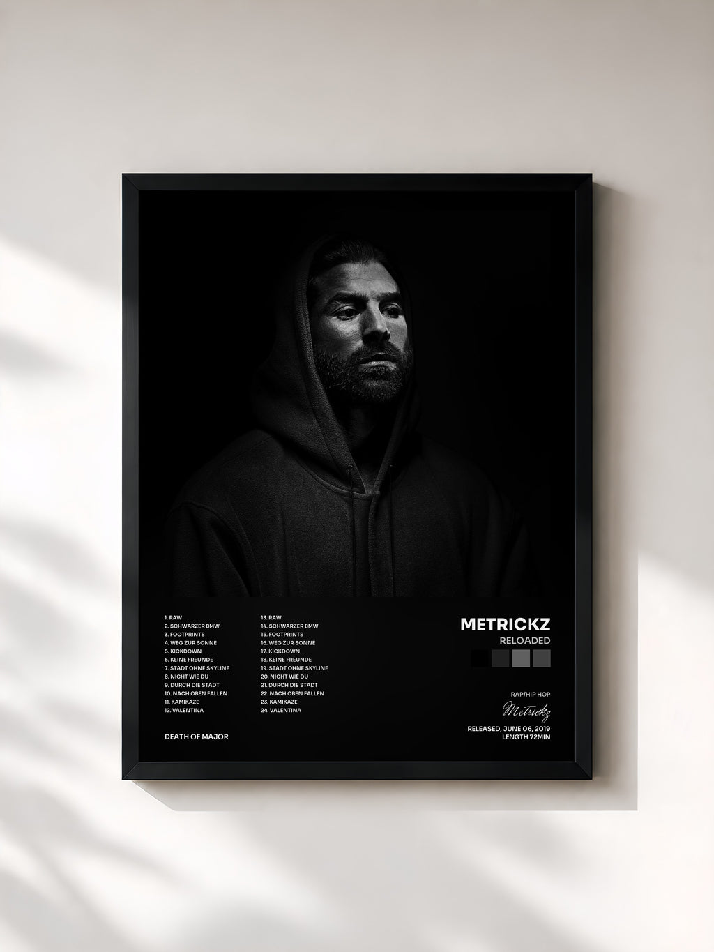 #noir Tableau de l'album Reloaded de Metrickz, cadre noir, imprimé et encadré en France