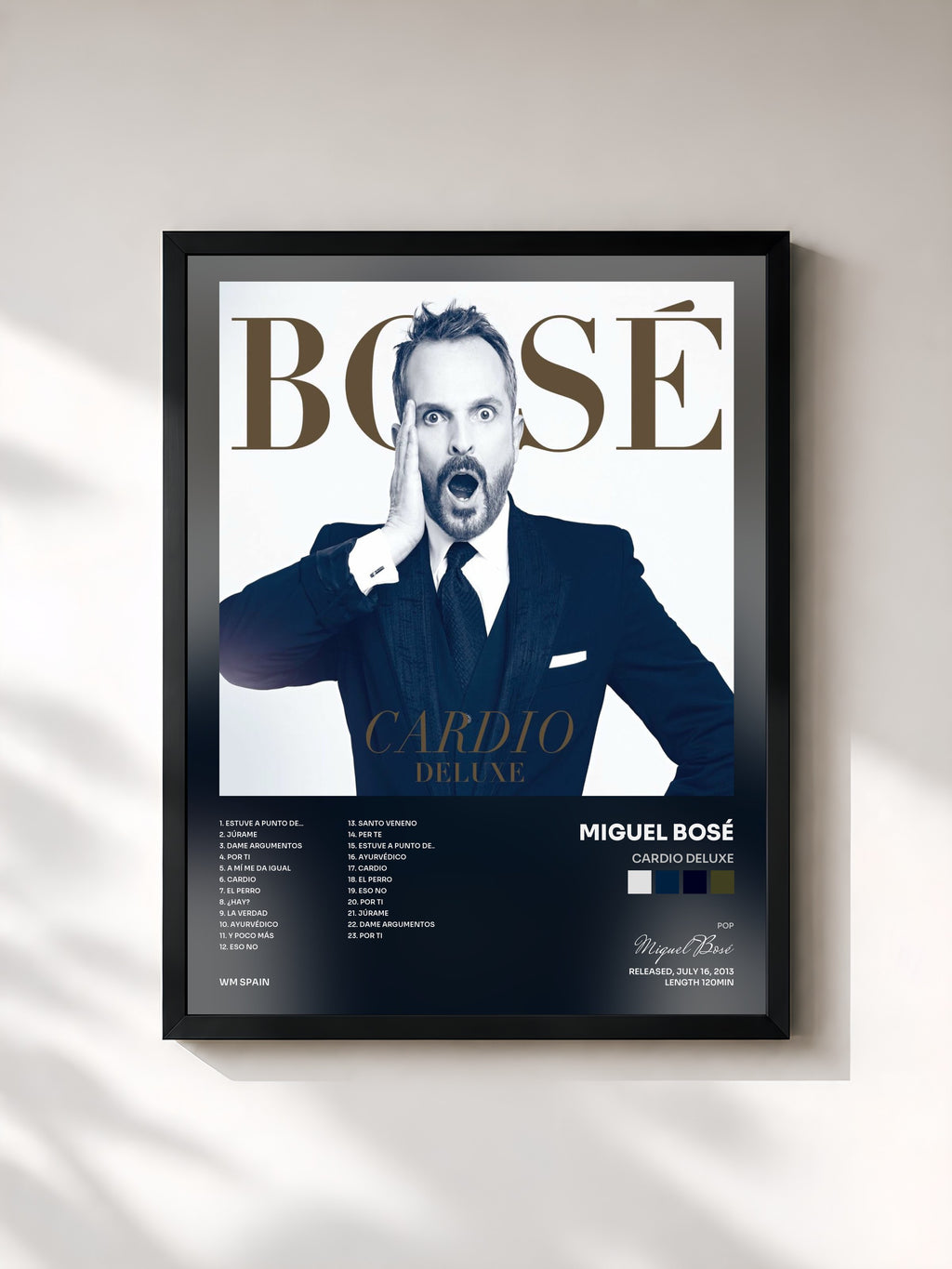 #noir Tableau de l'album Cardio Deluxe de Miguel Bosé, cadre noir, imprimé et encadré en France